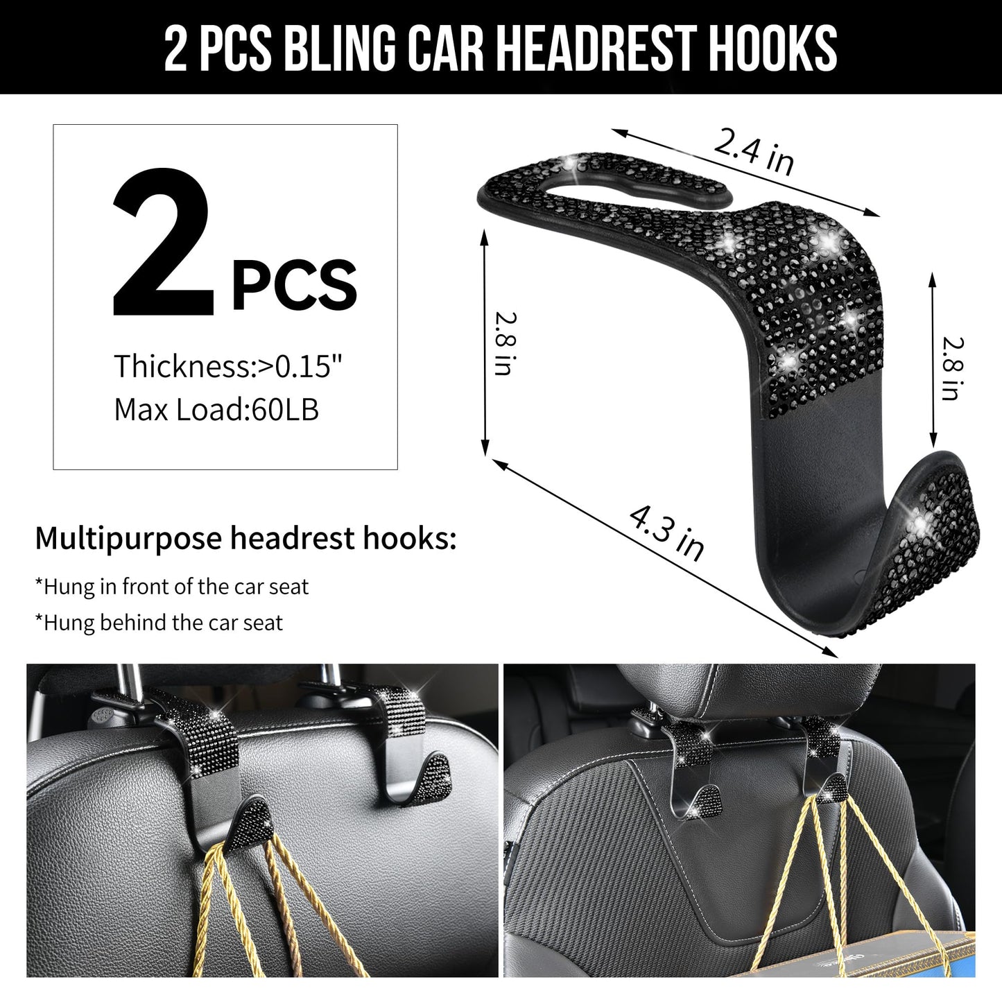 CAR PASS 30 PCS Bling Diamond Car Accessories Set for Women, Bling Steering Wheel Covers 15 Inch, Shining Rhinestone License Plate Frame, Sparkly Phone Holder, Cute Interior Set Decorations, Black