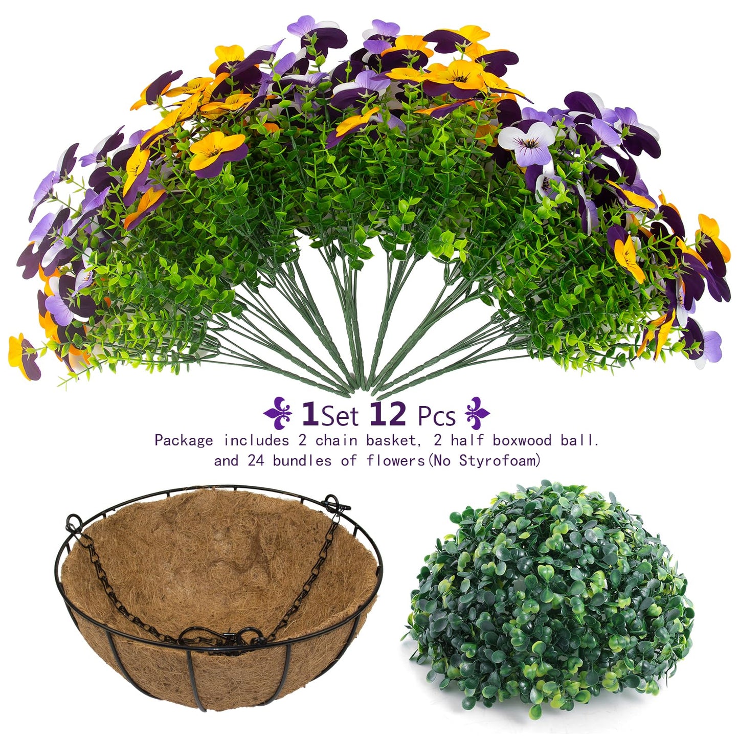 2 Set Artificial Outdoor Pansy Flowers with Hanging Baskets, 2 Hanging Baskets with 24 Pcs Silk Flowers for Spring Easter Decorations Porch Patio Home Decor (2, Purple, Yellow, White, Light Purple)