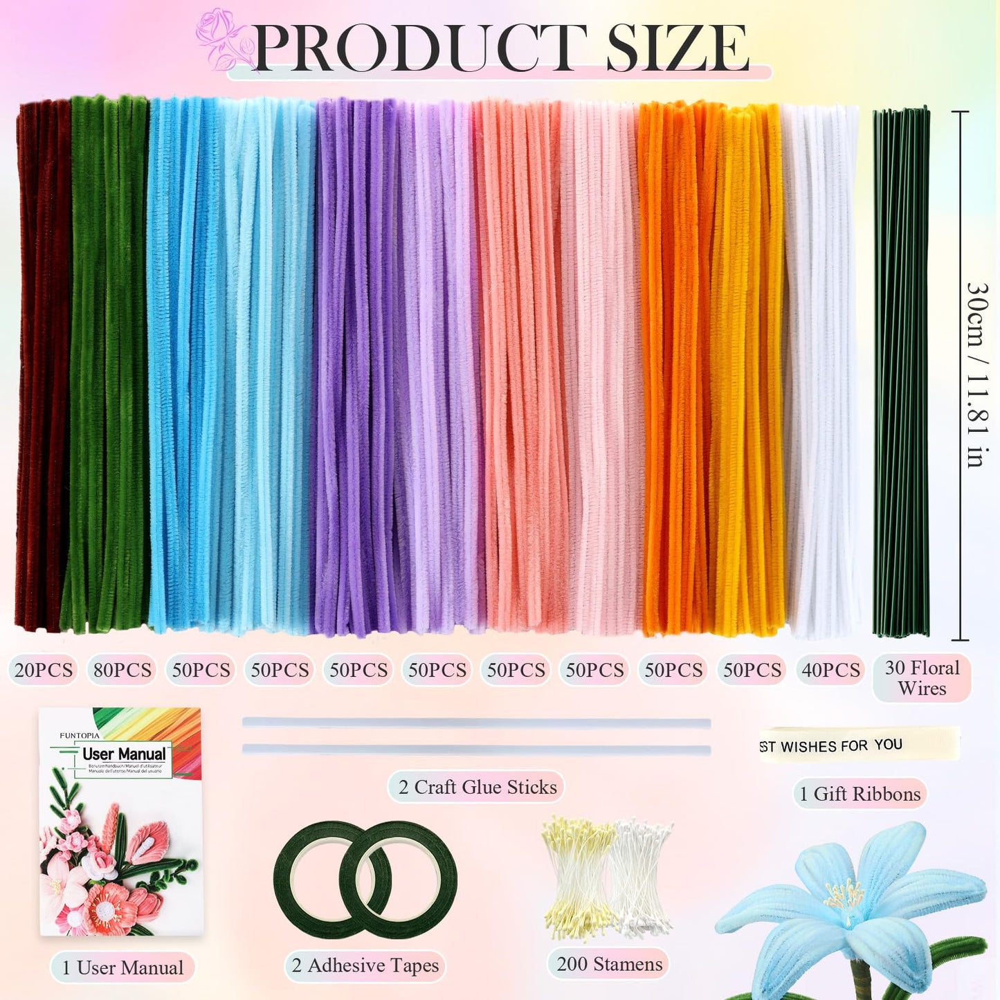 540Pcs Pipe Cleaner Flower Kit, Pipe Cleaners Craft with 15 Designs Guiding Book, Flower Making Kit with Chenille Stems & Floral Wires, Mothers Day Birthday Gift for Mom Women Her (Multicolor, 30cm x 7mm)
