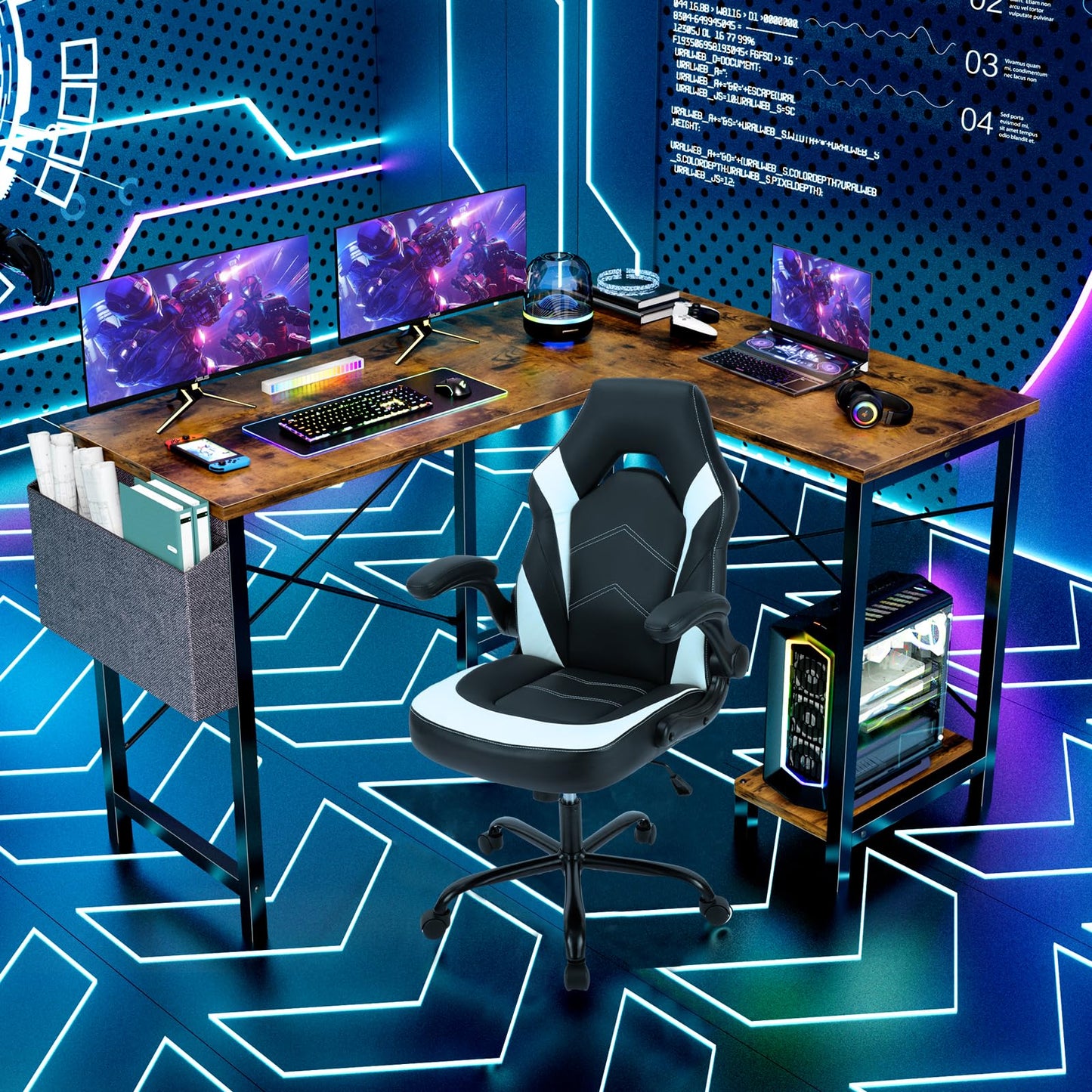 Sweetcrispy L Shaped Desk Computer Gaming Corner Table 51 Inch Home Office Writing Student Work PC Workstation with Side Storage Bag CPU Stand for Bedroom Small Spaces