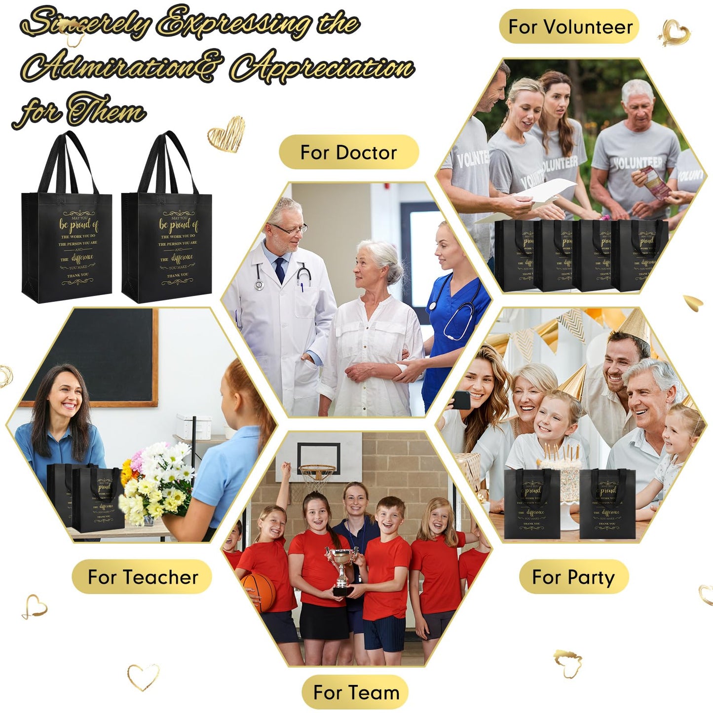 Paterr 100 Pcs Employee Appreciation Gift Bags Bulk 10 x 8 x 4'' Non Woven Thank You Gifts Tote Bags with Handle Inspirational May You Be Proud Gift for Colleague Teacher Doctor(Black)