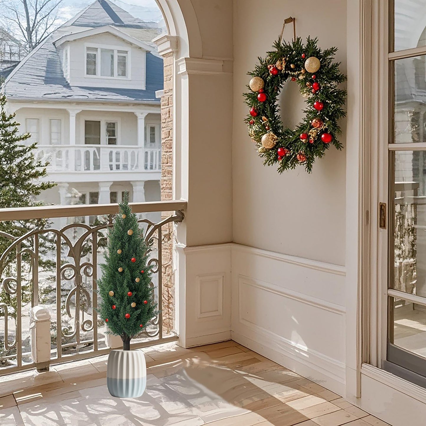 3FT Artificial Cedar Topiary Trees with Ground Spike, 2 Pack UV Resistant Artificial Bushes, Faux Cypress Plants Faux Shrubs for Outdoor Indoor Front Porch Garden
