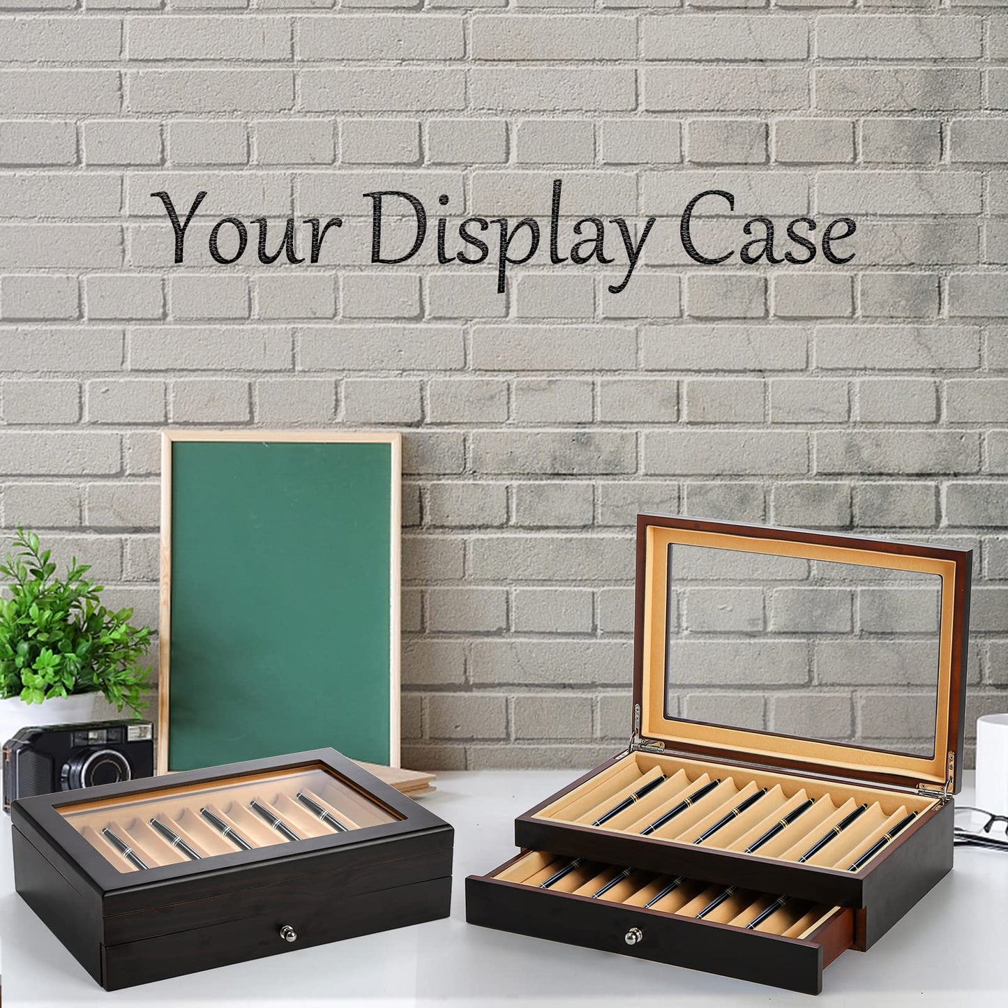 Yesland 2 Layer Ebony Wood Pen Display Box, 23 Slot Fountain Pen Organizer Box with Clear Glass Window Luxury Pen Collection Case for Shop, Home, Father's Day Gift, Black
