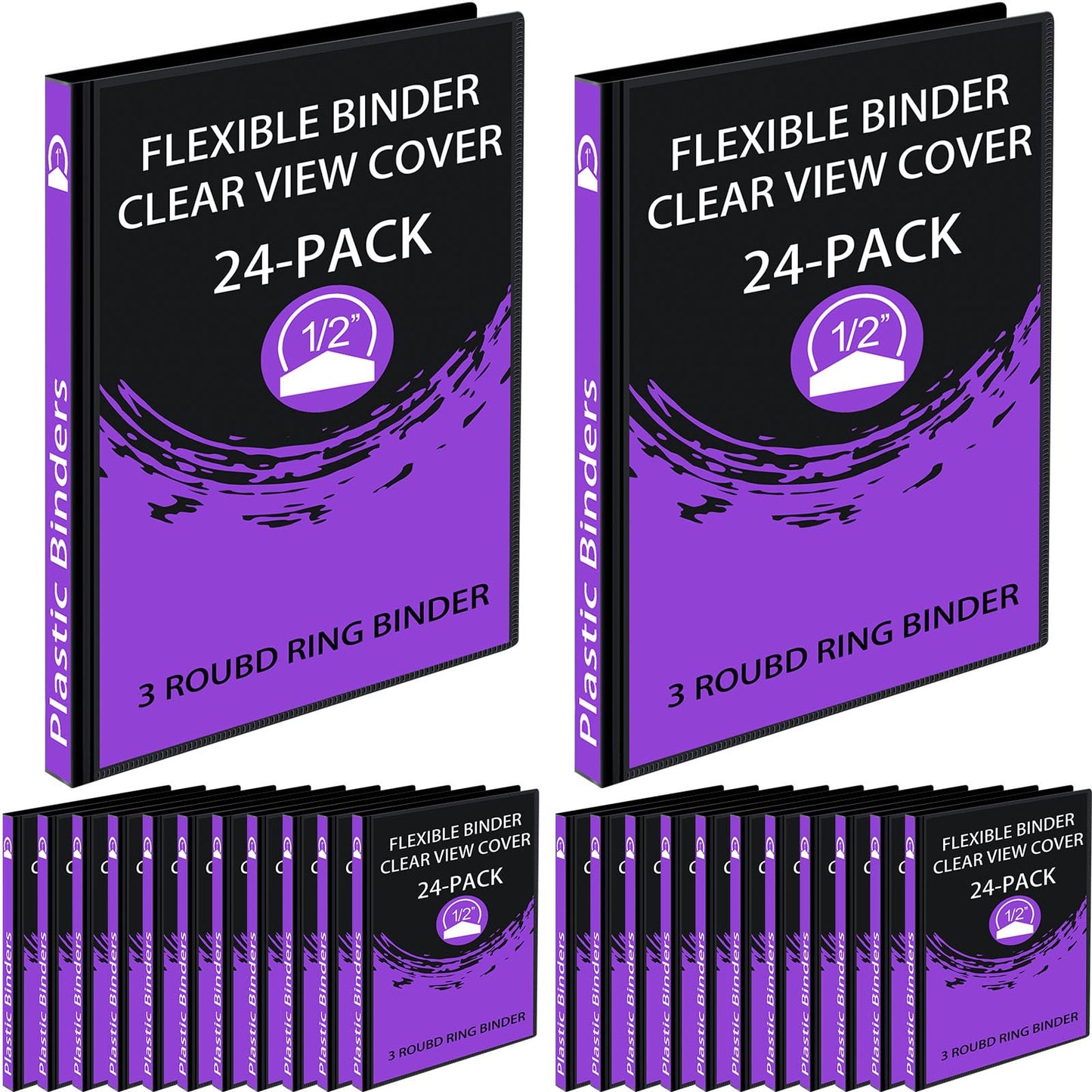 Fulmoon 24 Pcs 3 Ring Plastic Binders Bulk with 2 Pockets Flexible Binder with Transparent View Cover Plastic Binder for Home Office(1/2 Inch,Black)