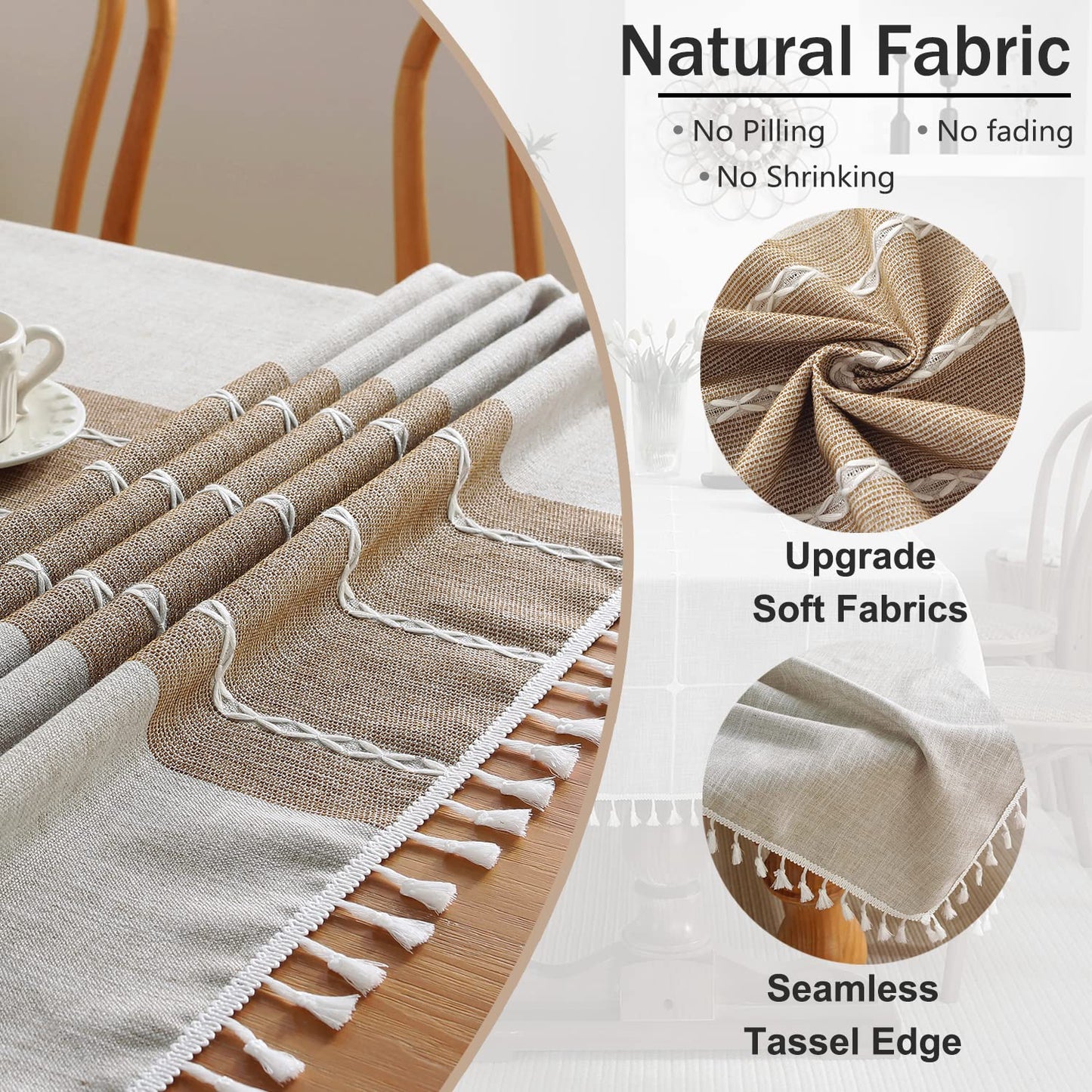 JIALE Tablecloths for Rectangle Tables, Cotton Linen Table Cloth Waterproof Tablecloth Wrinkle Free Farmhouse Dining Tables Cover, Soft Fabric Table Cloths with Tassels, Brown, 55" X 120", 10-12 Seats