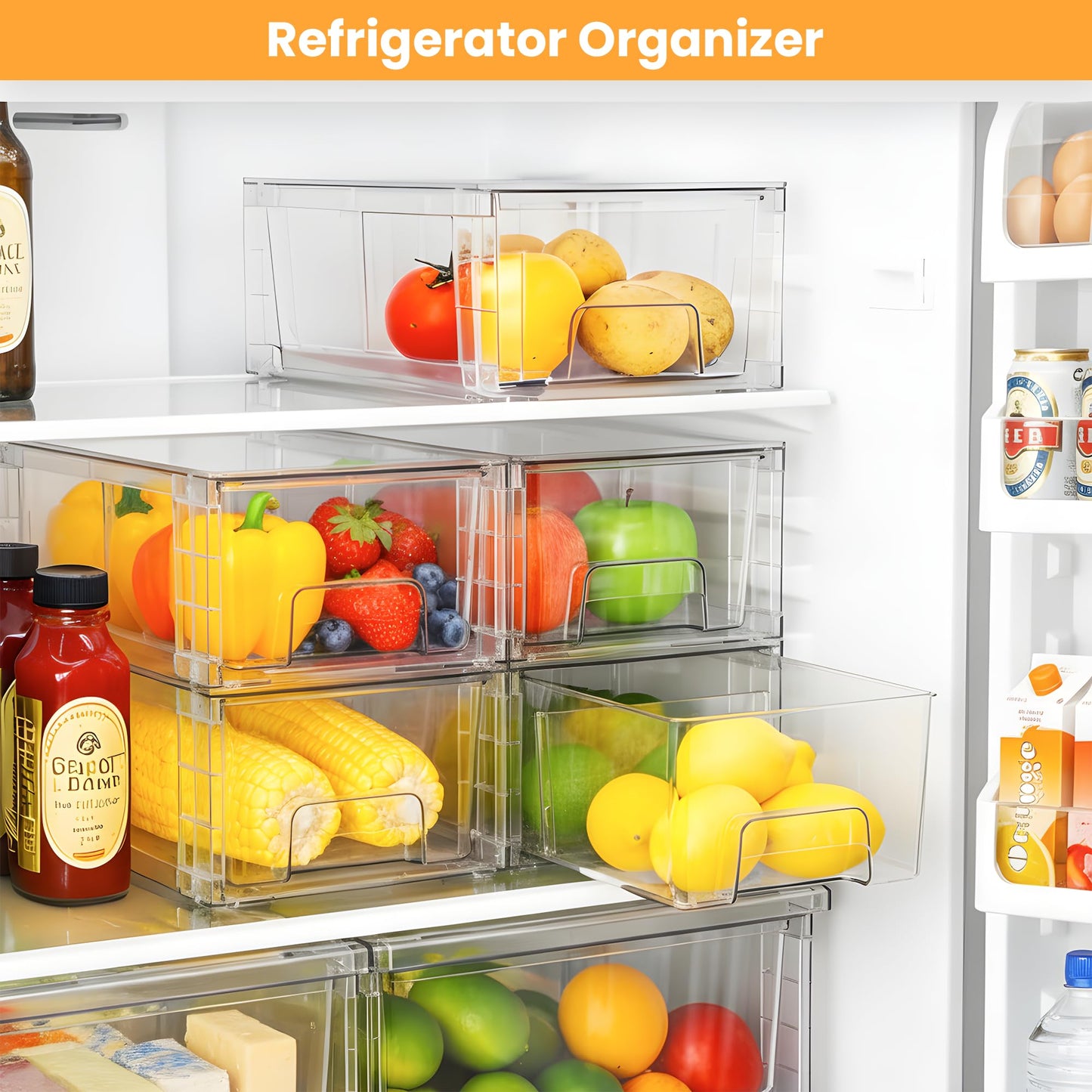 4 Pack Stackable Storage Drawers with Handles, Easy Assembly Clear Acrylic Fridge Organizer, Refrigerator Organizers and Storage for Kitchen, Under Sink, Pantry, Bathroom