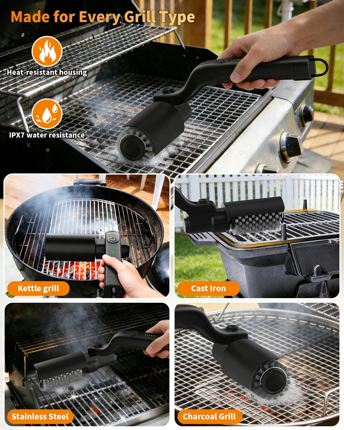 ZEYEGOY Electric Grill Brush, 3-Speed Rotary BBQ Cleaning Tool with 180° Adjustable Head,90-Minute Runtime,USB-C Rechargeable,Stainless Steel Bristle Brush for Gas,Charcoal and Ceramic Grills