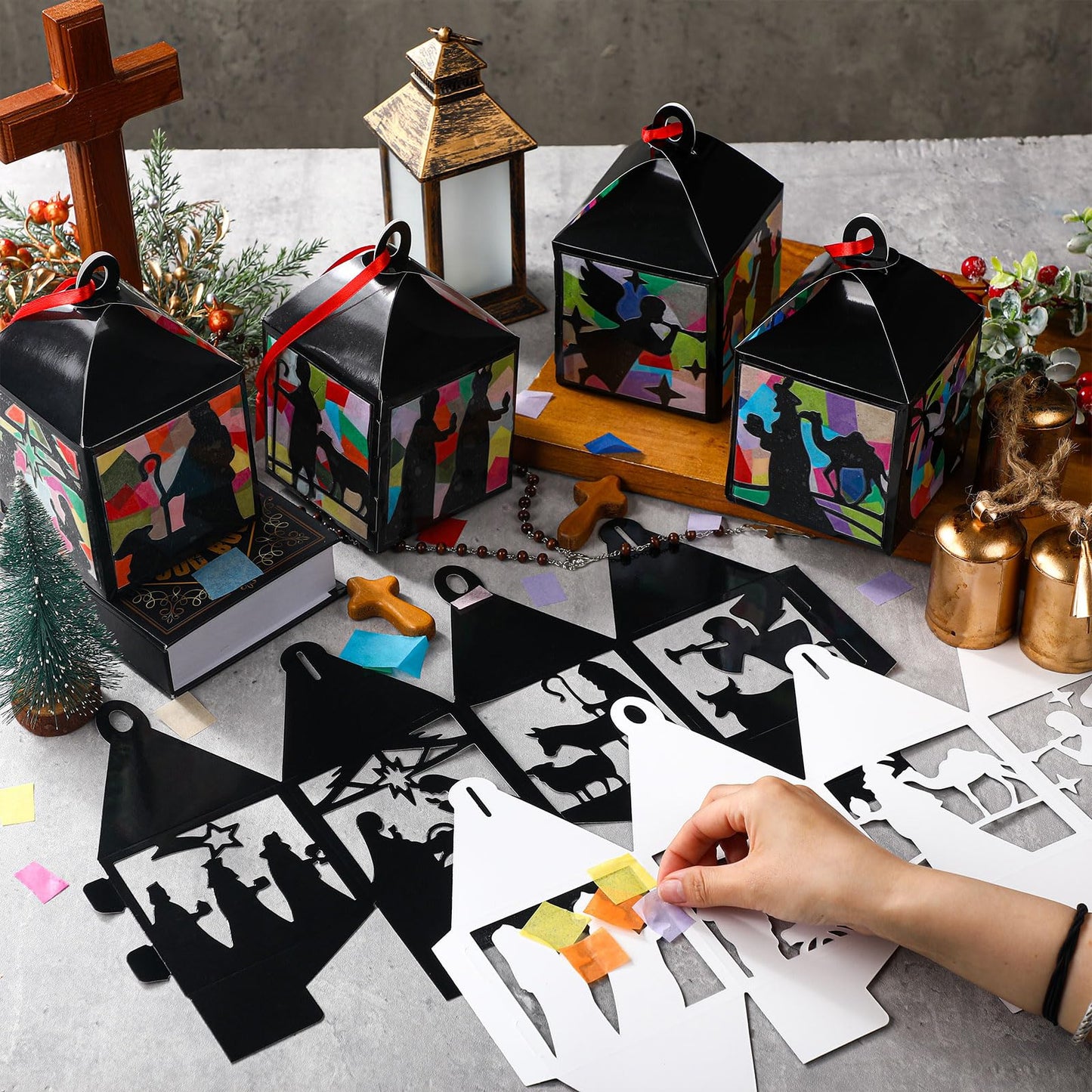 Gersoniel 24 Set Christmas Nativity Suncatchers Tissue Paper Craft Kits Religious Lantern Craft Bulk Dly Nativity Silhouette Hanging Ornament for Christmas Home Activity Sunday School Crafts