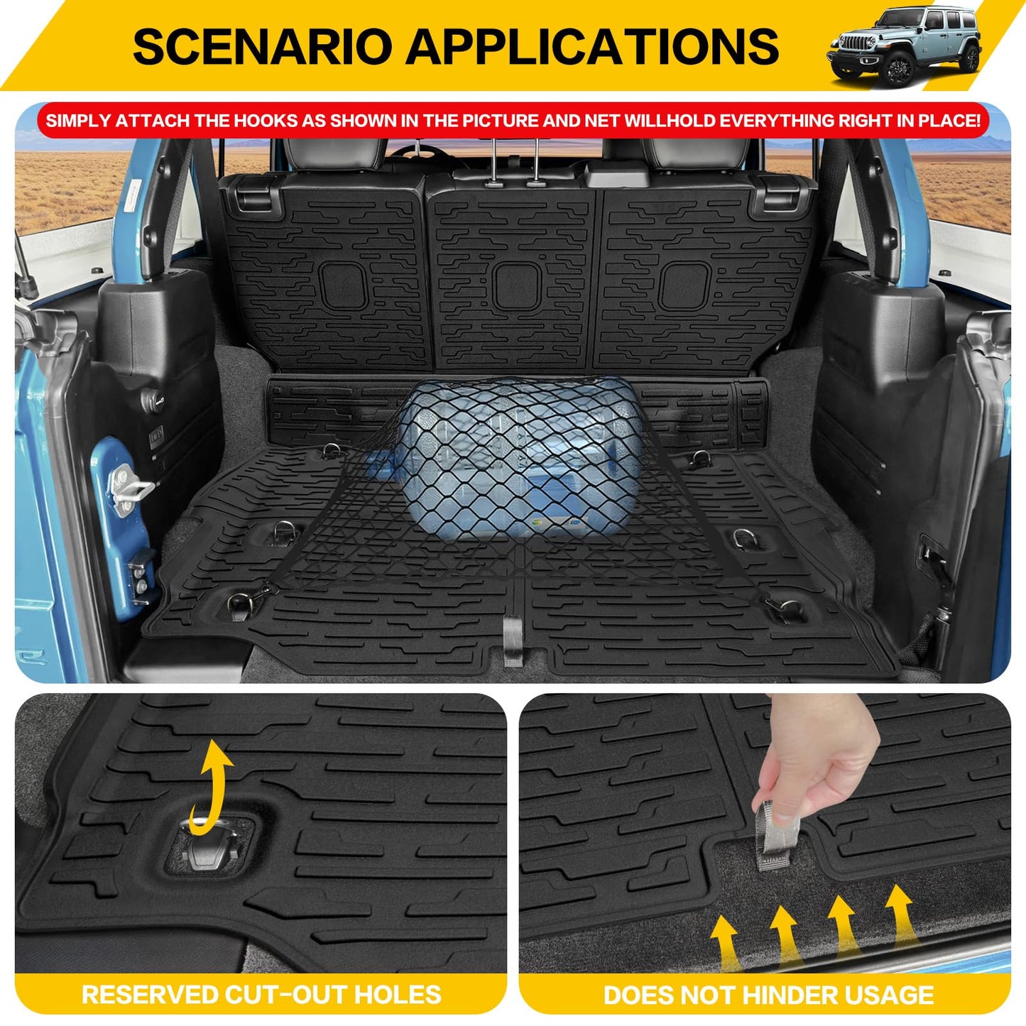 JTYZSM Cargo Mats with Net for 2021-2025 Jeep Wrangler JL Unlimited 4XE Accessories All Weather Protection Rear Seat Back Cover Trunk Liner Cargo Net for 21-25 JL JLU 4XE 4 Door(Not for 4X4)