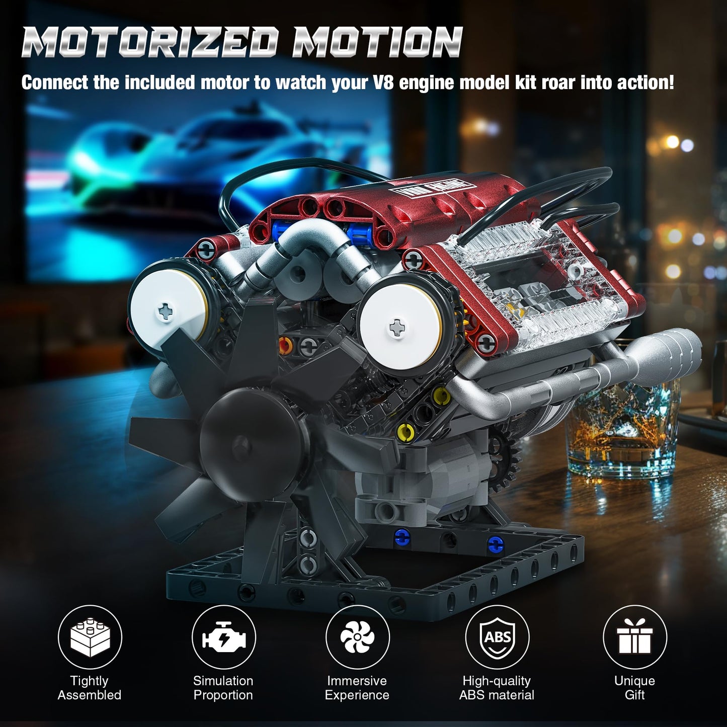 Tuajixz V8 Engine Building Blocks Sets, V8 Engine Model Kit That Runs – Motorized with Moving Pistons, Crankshaft & Rotating Fan, Realistic Engine Simulation for Car Enthusiasts, 588Pcs