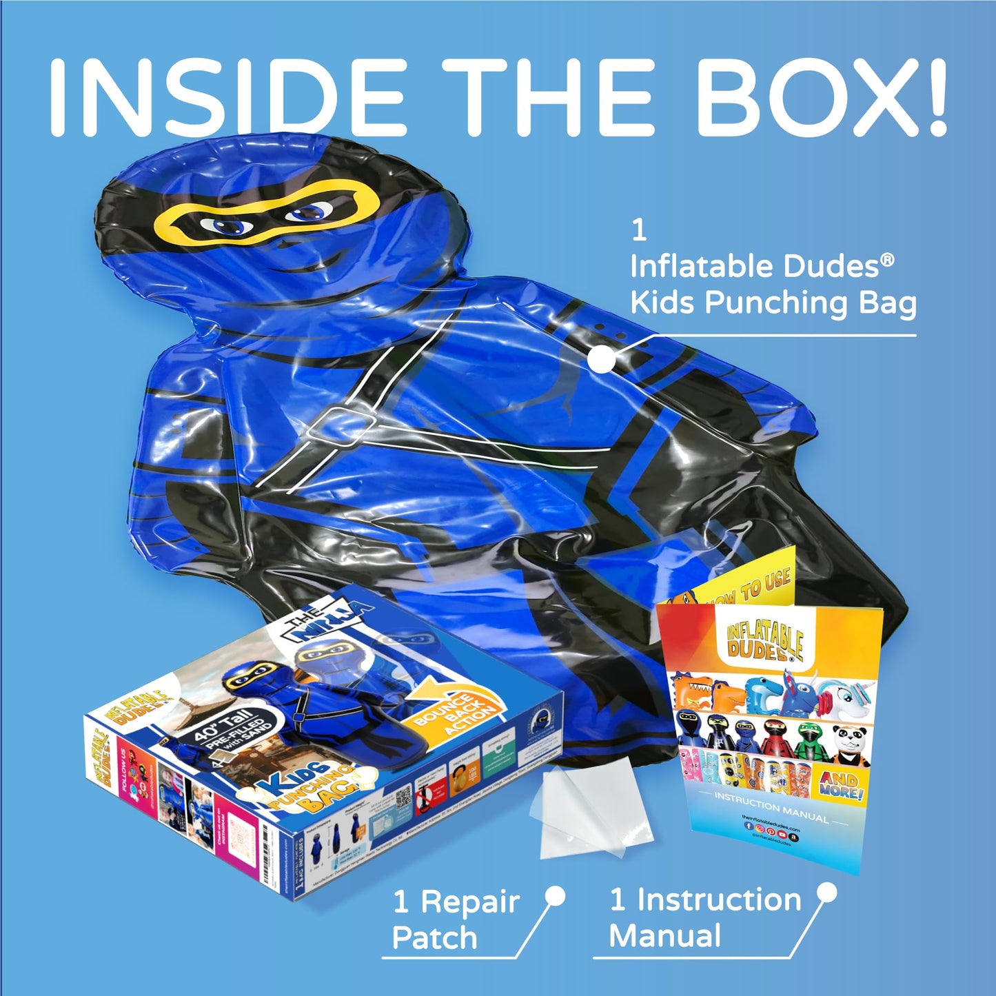 INFLATABLE DUDES Small Ninja 40 Inches -Kids Punching Bag | Already Filled with Sand| Bop Bag | Premium Inflatable Toy| Punching Bag for Kids| Bounce-Back | Indoor Outdoor -(Little Dudes- Nobi)