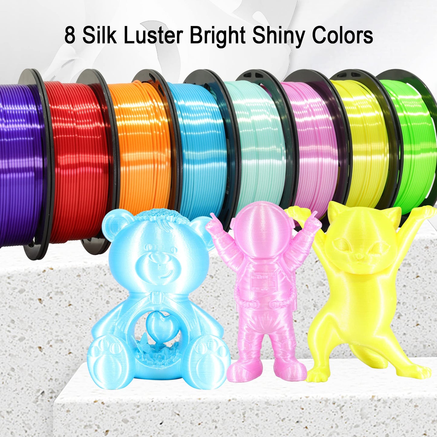 1.75mm Silk Shiny PLA 3D Printer Filament 8 Bright Colors Bundle: Silk Yellow/Lime Green/Orange/Sky Blue/Pink/Cyan/Red/Purple, Each Spool 250g, Total 2Kg 3D Printing Material, 250g x 8 Spools