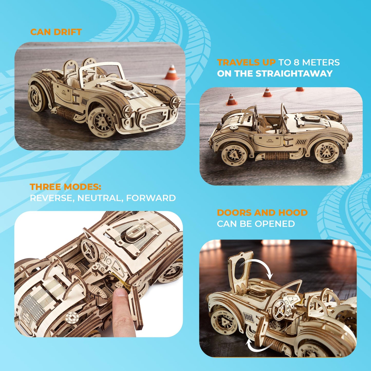 UGEARS Drift Cobra Racing Car Puzzle - Wooden 3D Puzzles for Adults to Build with Powerful Spring Motor - Wood Mechanical Models Building Kit for Fathers Day - Retro Hobbies for Men - 370 Pcs