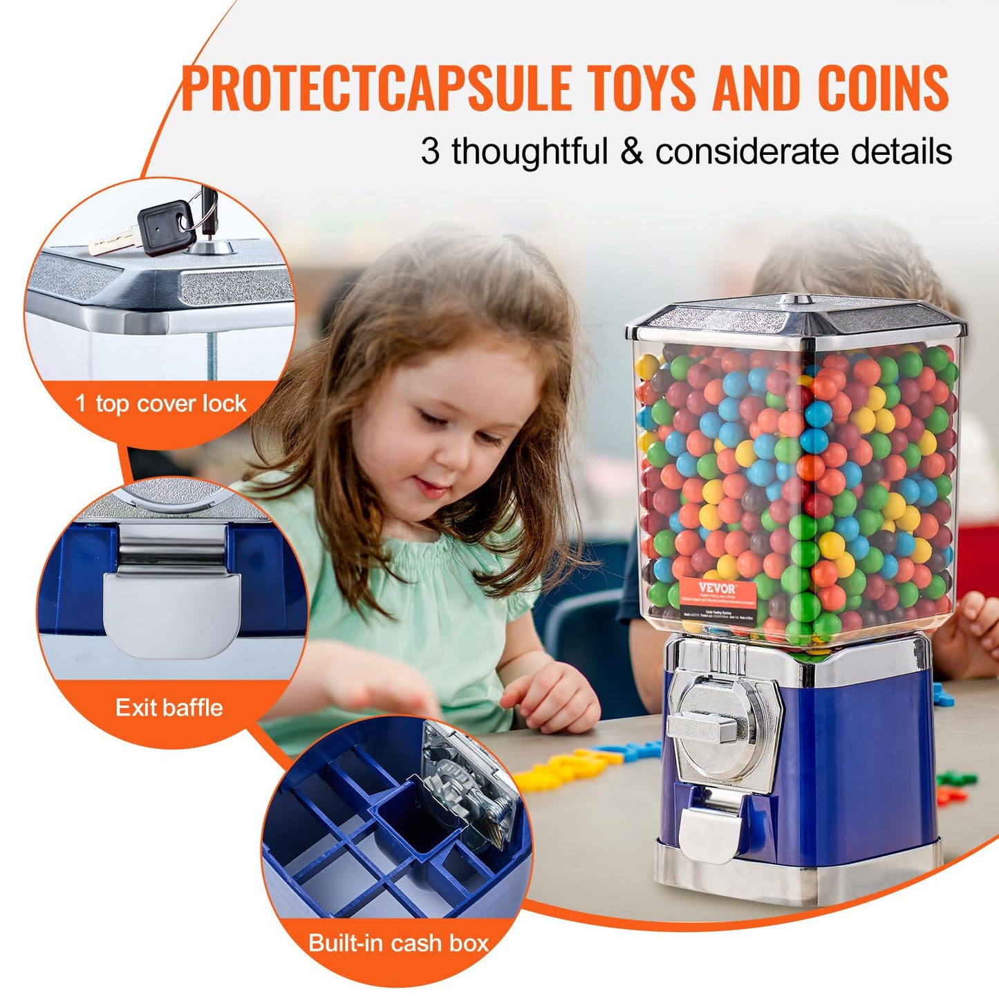 VEVOR Gumball Machine, 17"H Home Candy Vending Machine, PC Gumball Dispenser, Bubble Gum Machine for Game Stores, Coin Operated Gumball Bank for Toy Capsules Bouncy Balls Candy, Blue
