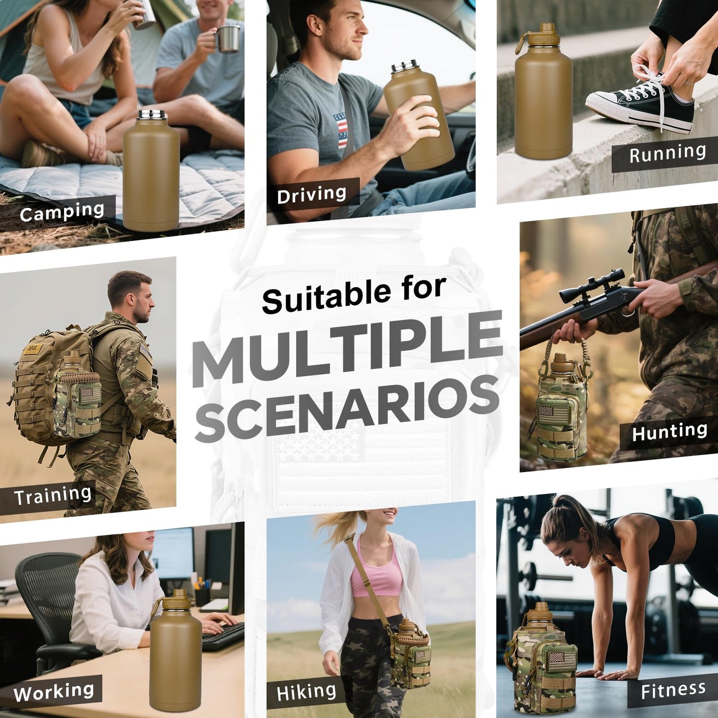 DEFUNX Half Gallon Water Bottle Insulated with Sleeve - Tactical 64 oz Stainless Steel Water Jug with MOLLE Water Bottle Pouch, Gym Water Bottles for Men Hiking Workout (CP Camo)