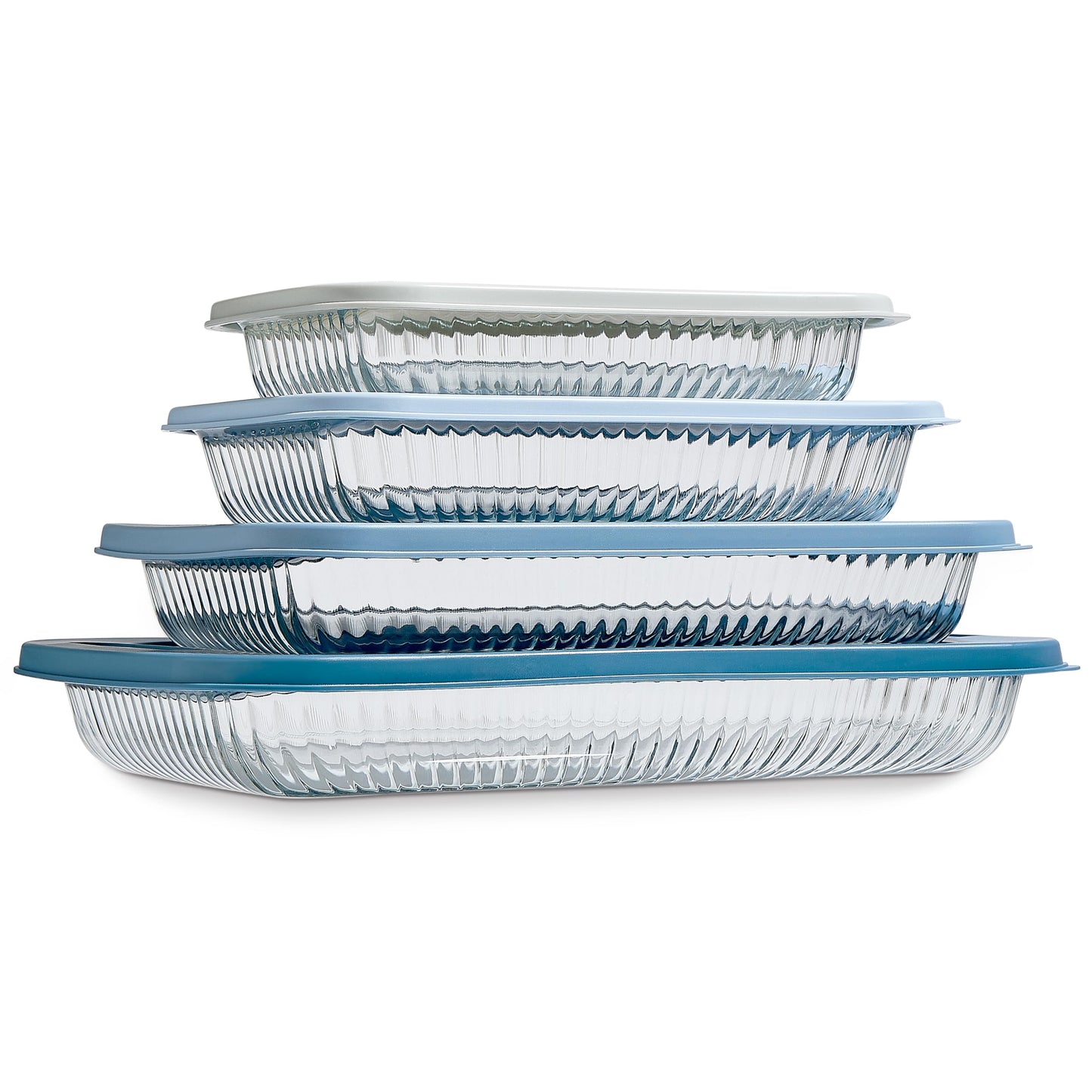 COOK WITH COLOR 8-Piece Deep Glass Baking Dish Set with Plastic Lids – Casserole and Food Storage Containers for Lasagna, Leftovers – Freezer-to-Oven, Microwave & Dishwasher Safe, Fluted Blue