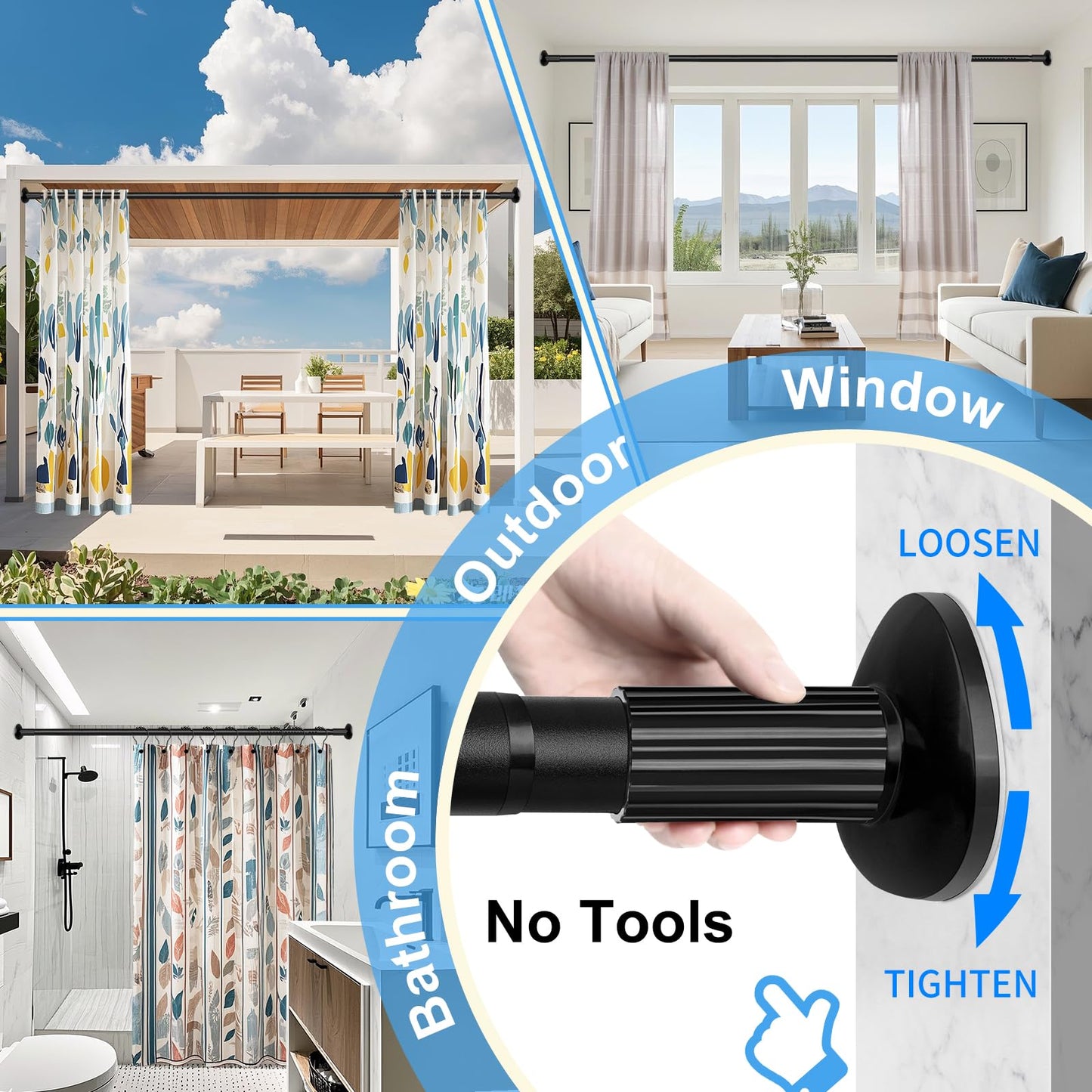 Tension Curtain Rod 51-165 Inch, Extra Long Curtain Rod No Drilling for Window or Bathroom, Outdoor Curtain Rods for Patio, Easy to Install, Never Rust, Rod Diameter 1.26 Inches-Black