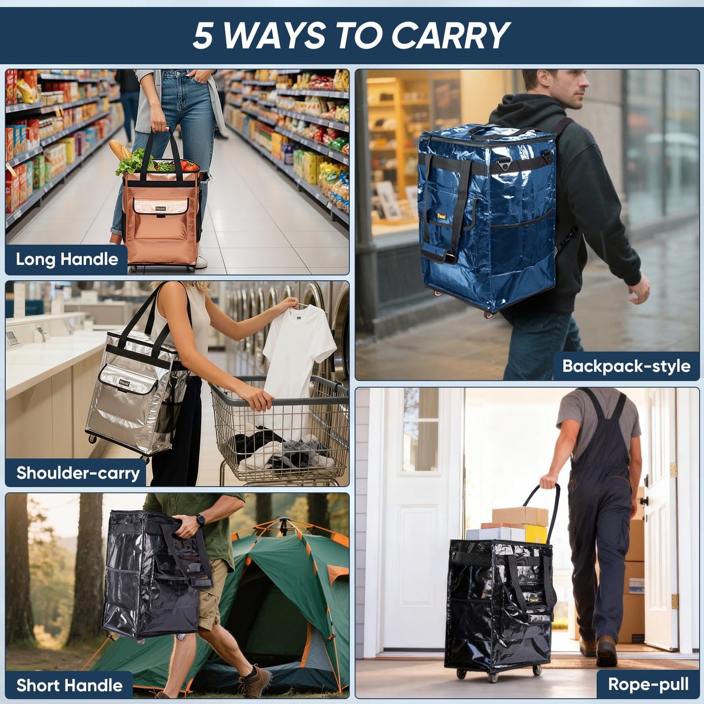 BALEINE Reusable Grocery Bags on Wheels, Rolling Tote Bag, Shopping Trolley, Large Backpack Shopping Carts for Groceries (16"x11.5"x23.5", Black)