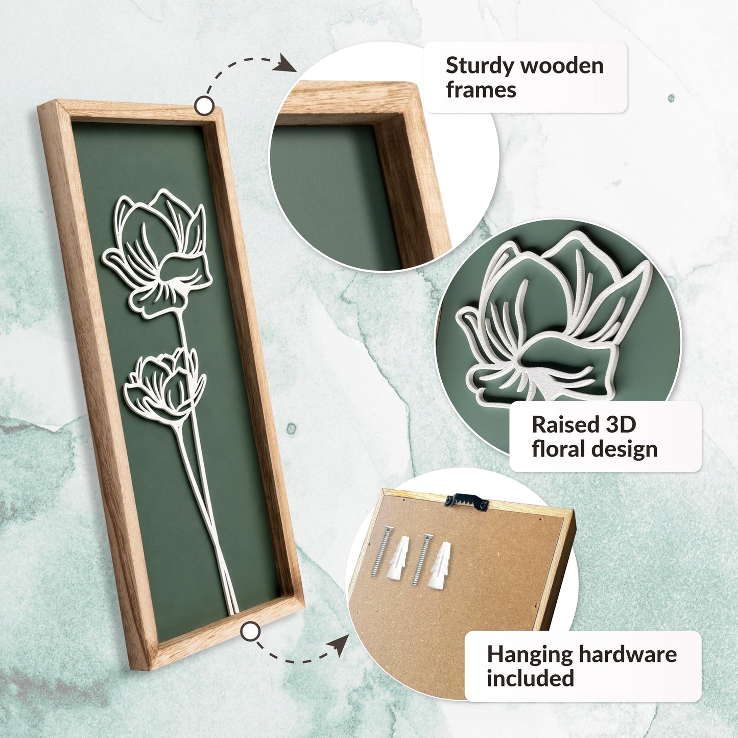 3D Floral Green Wall Art (Set of 3) Lightweight, Wooden Ready-to-Hang Boho Framed Wall Art for Bathroom, Master Bedroom, Living Room or Office - Premium Sage Green Farmhouse Decor - Gift-Boxed