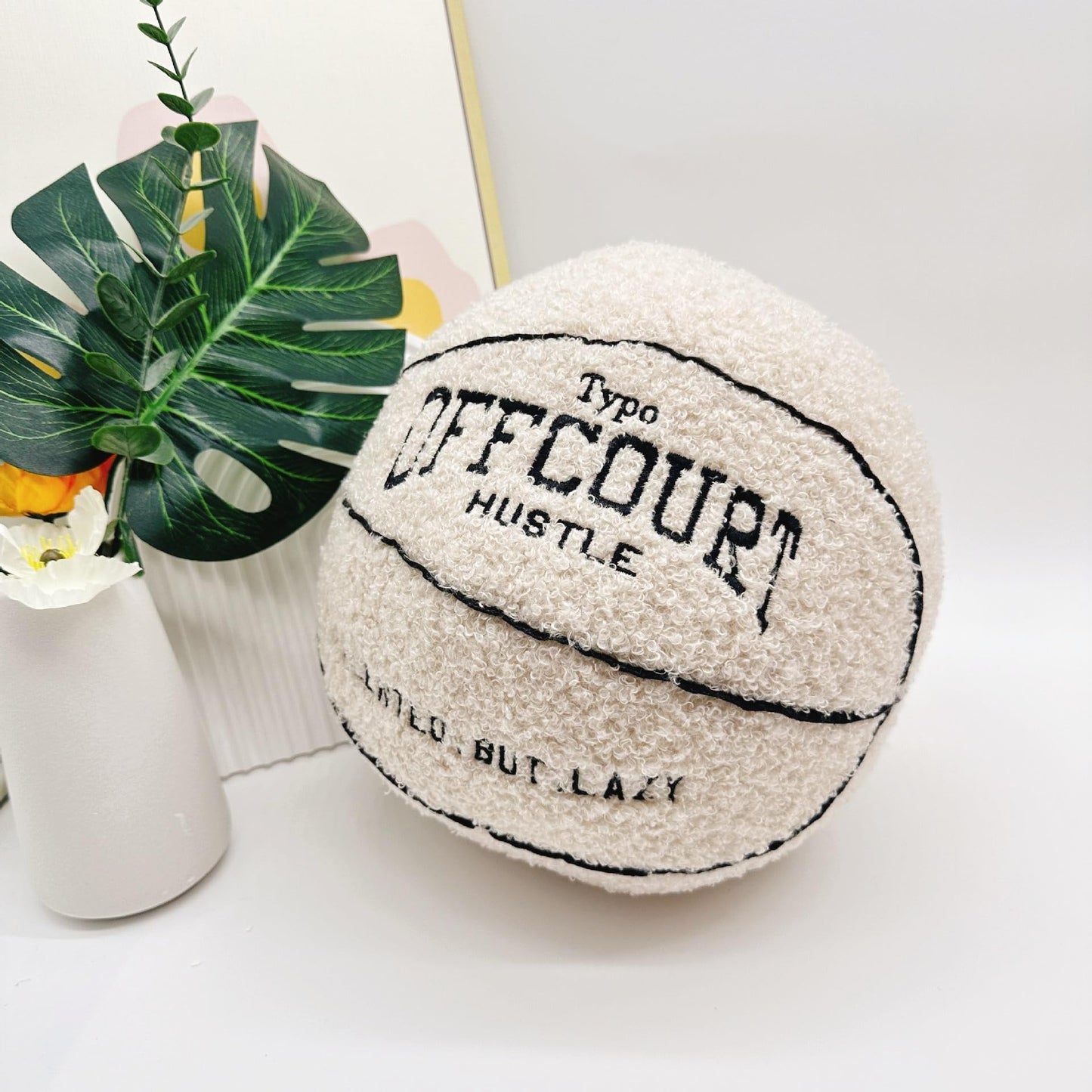 Tezimjia 2023 New Offcourt Basketball Pillow, 11" Basketball Shaped Teddy Fleece Embroidered Throw Pillow Fuzzy Plush Toy Gifts for Kids Boys Girls (Beige)
