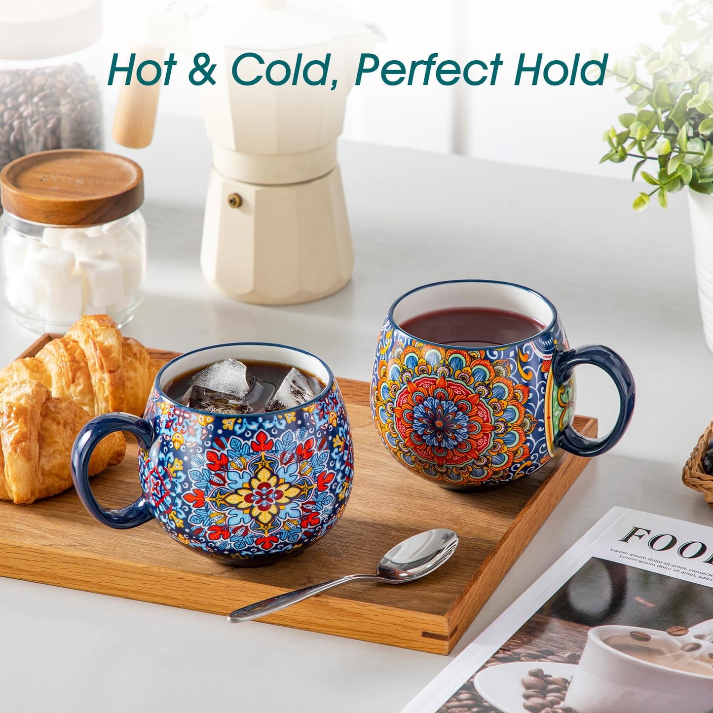 vancasso Coffee Mugs Set of 6, Coffee Cups Ceramic 16oz, Porcelain Coffee Mugs for Cappuccino, Latte, Espresso, Colorful Coffee Mugs with Handle, Rounded Boho Mugs, Microwave & Dishwasher Safe