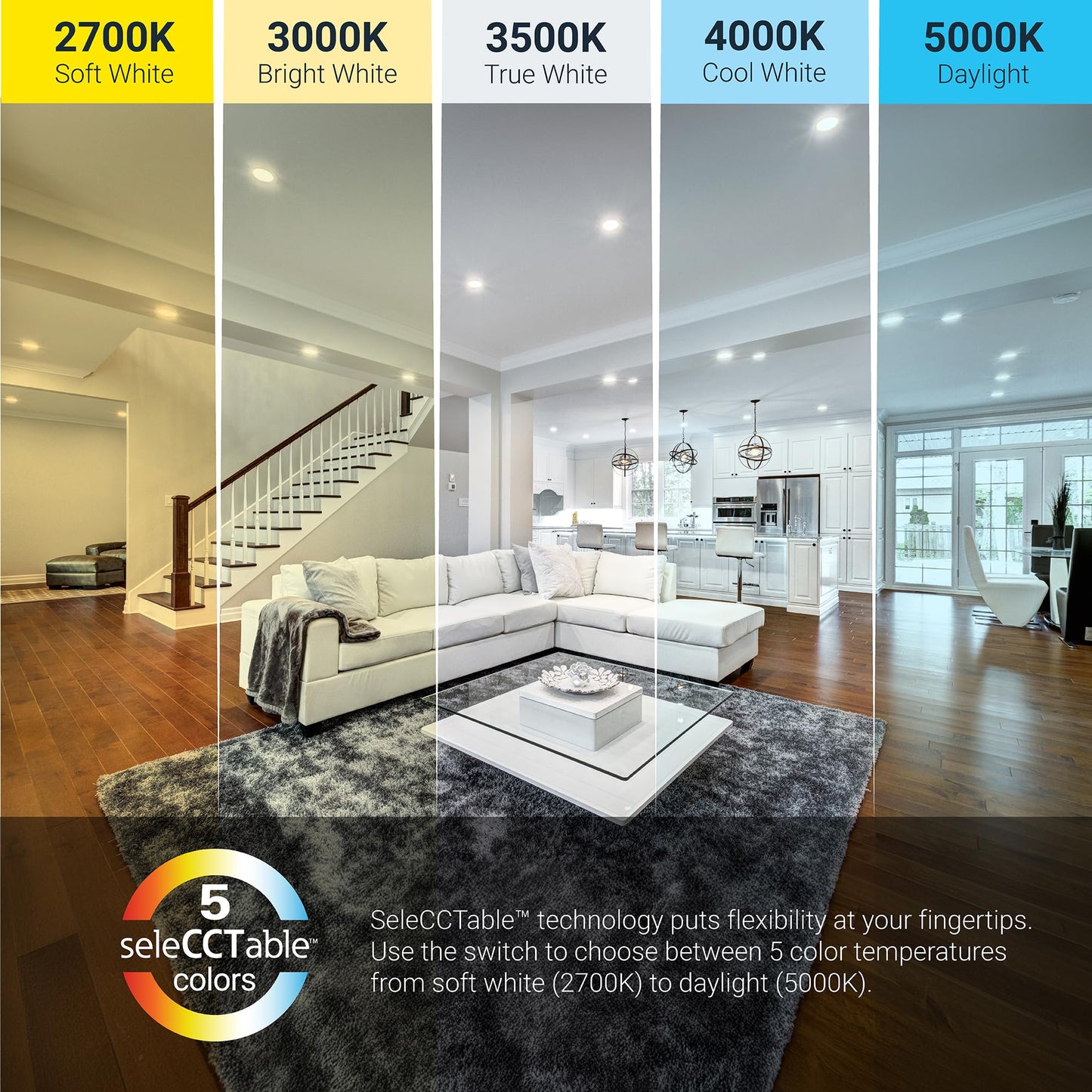 HALO HLBT 4 Pack 6 in Slim LED Recessed Light Trim with Selectable Color Temperature 2700K, 3000K, 3500K, 4000K, 5000K Dimmable Wet Location Indoor Outdoor New Construction Remodel - HLBT609FS5-4PK