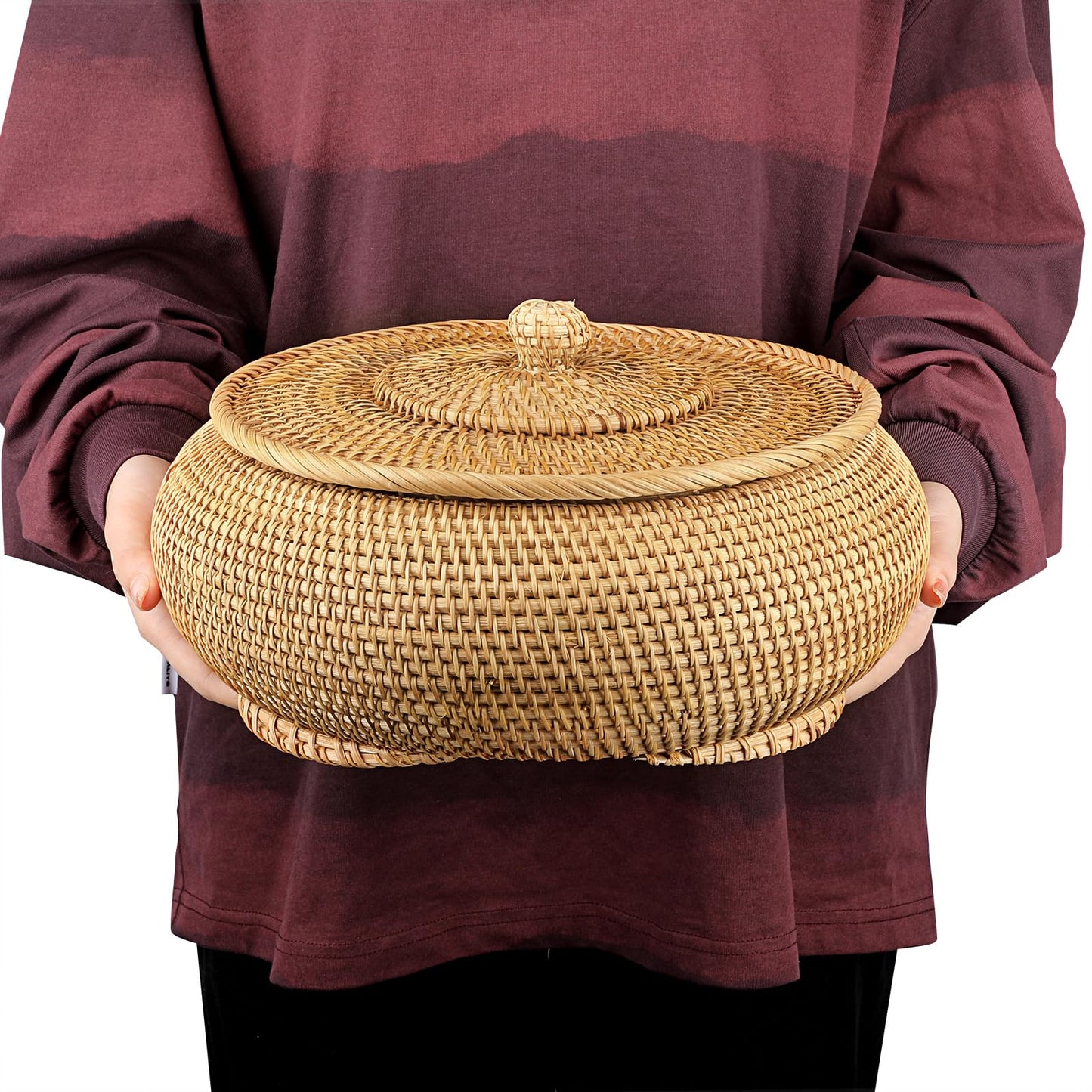 Hipiwe Round Rattan Boxes with Lid, X-Large Woven Bread Basket Natural Rattan Basket Wicker Rattan Storage Box Decorative Basket for Coffee Table Farmhouse Picnic Fruit Storage Basket