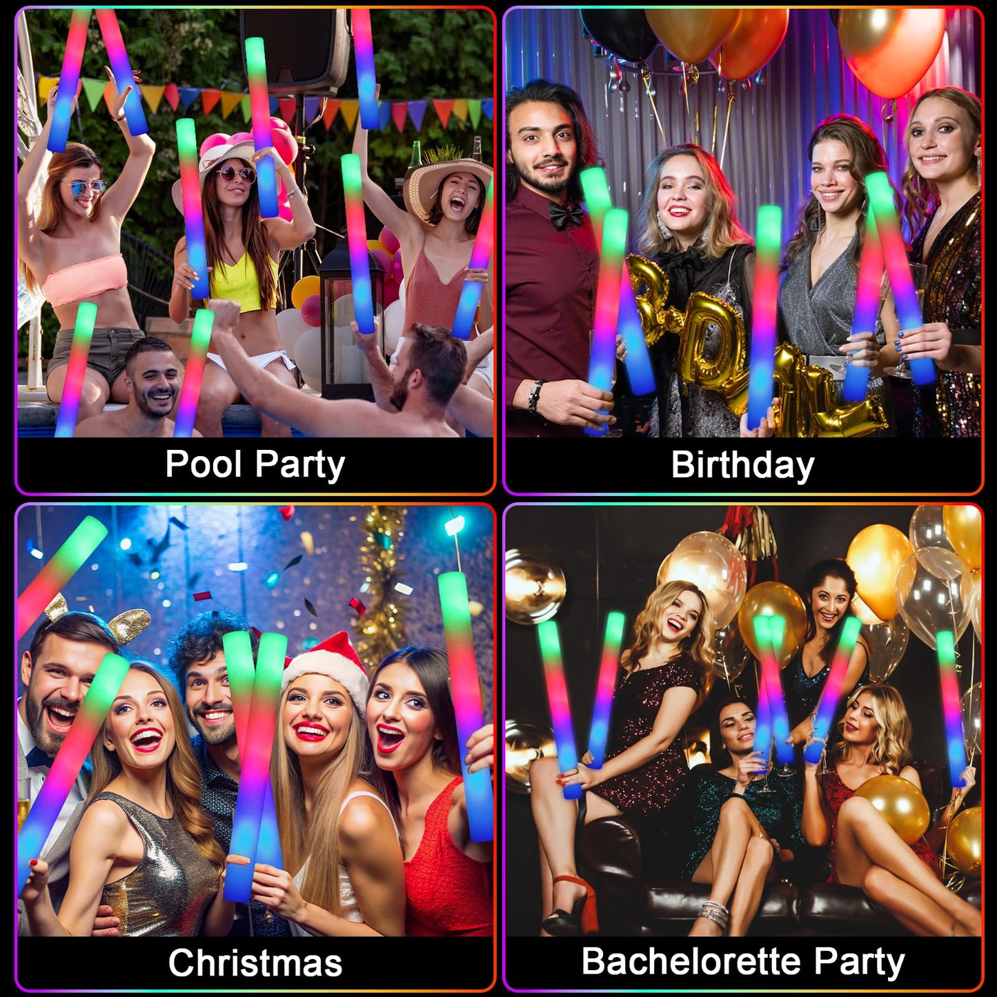HONLYNE 100 PCS Foam Glow Sticks, Bulk Glow Sticks with 3 Modes Colorful Flashing, LED Light Sticks, Glow in Dark Party Supplies for Wedding, Raves, Birthday, Christmas, New Year