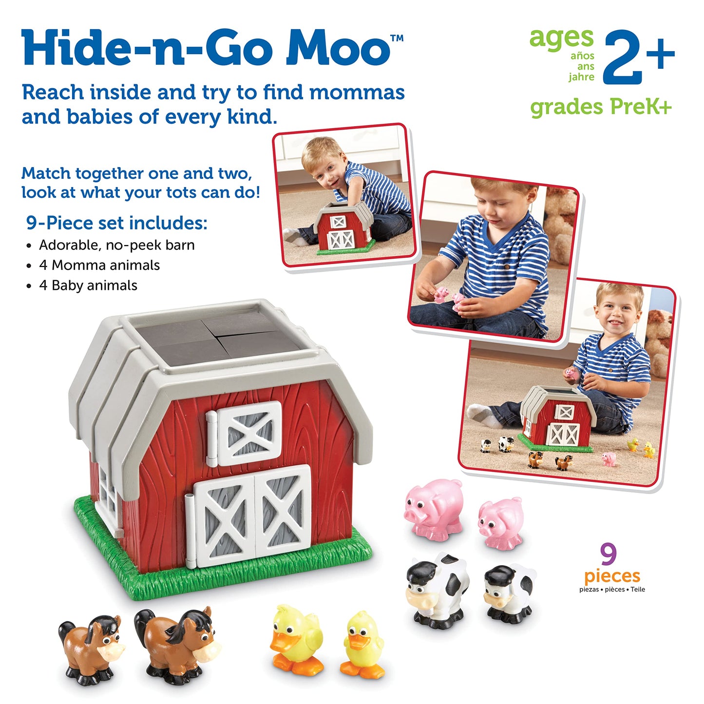 Learning Resources Hide-N-Go Moo, Sensory Awareness, Cognitive Function Farm Animal Toy, 9 Pieces, Ages 2+ (LER8922)