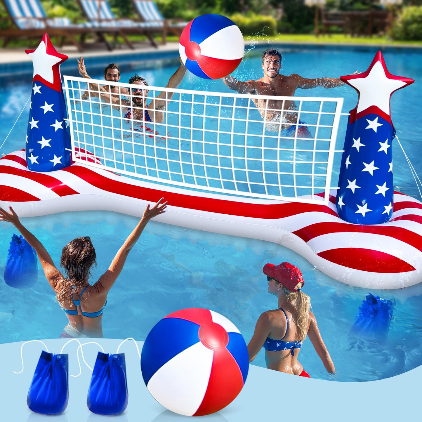 Large Inflatable Pool Games Volleyball Net Pool Float Set with 9" Beach Ball, 2 Weight Bags & American Flag Design – Floating Swimming Game Toy for Adults & Kids, Perfect for 4th of July Party Summer
