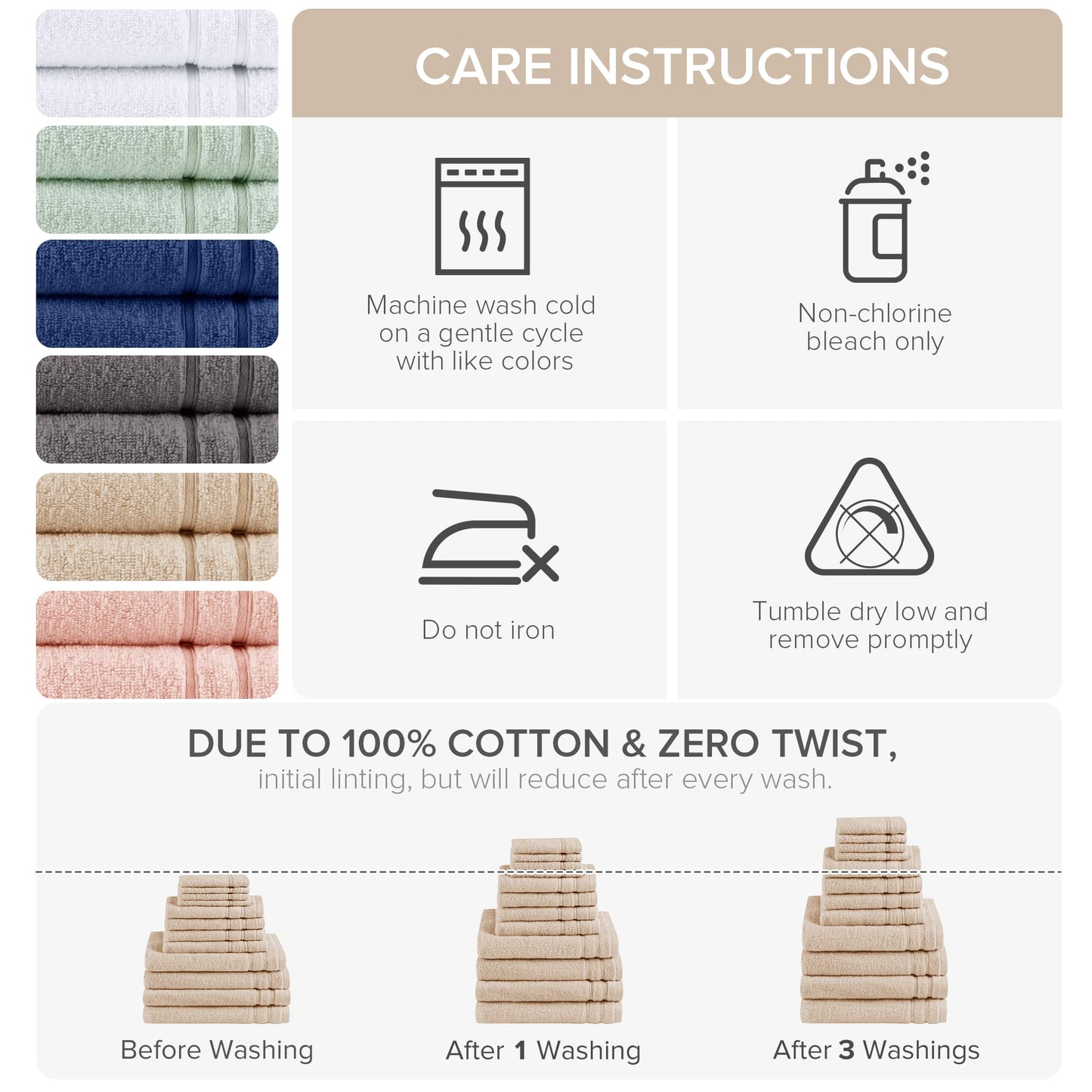 Comfort Spaces 12-Piece Luxury Bath Towel Set - 4 Large, 4 Hand, 4 Washcloth, 100% Cotton, Quick Dry, Zero Twist, Soft, Lightweight - Beige Tan
