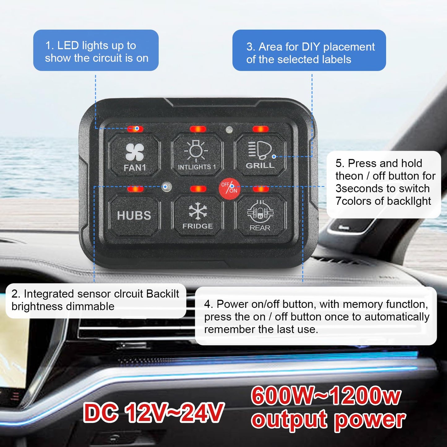 RUIANOMG 6 Gang Switch Panel, Universal Circuit Control Relay System with Fuse Wiring Harness and Automatic Dimmable ON-Off LED Switch Pod for Pickup Truck SUV Car Boat ATV UTV