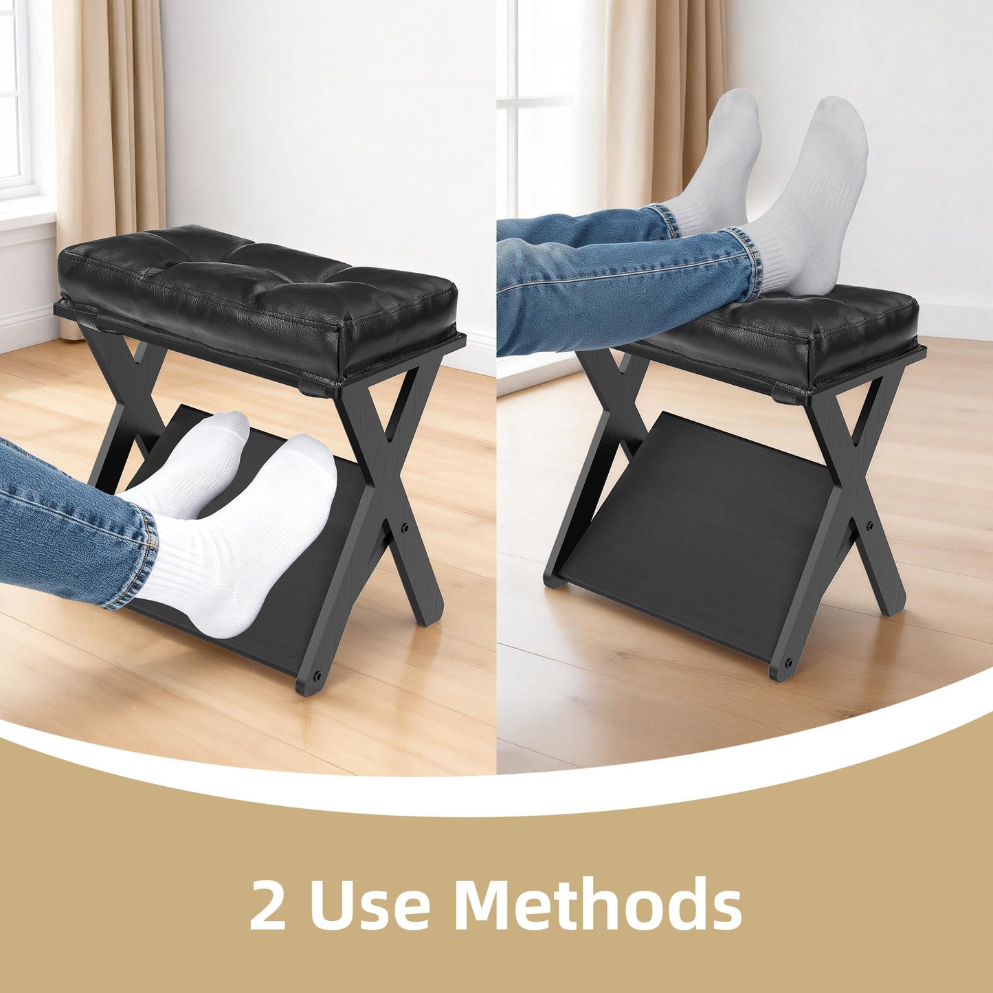 HOMELYSTBO Double Step Foot Stool Under Desk, Wooden Ergonomic Foot Rest with Non-Slip EVA Surface, Office Footstool for Posture Support, Home Office Gaming Desk Foot Rest for Adults-Black