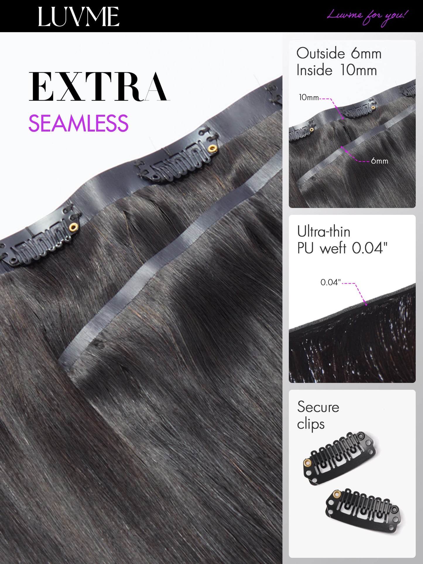 LUVME Straight Seamless 110g 7Pcs Clip in Hair Extensions Full Max with 18inch Remy Human Hair Extensions, Natural Black 100% Real Soft Human Hair Extensions