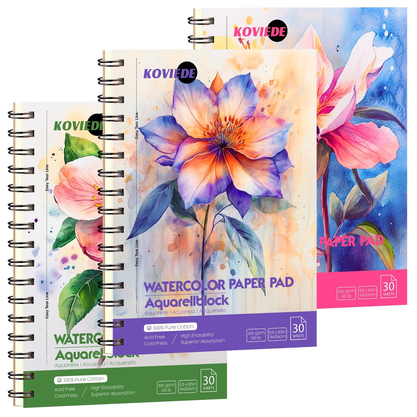 KOVIEDE 100% Cotton Watercolour Block 3-Pack (90 Sheets), Cold Pressed, 140 lb/300 g/m², Watercolor Sketchbook Spiral Framed, Artistic Class Art Journal Articles