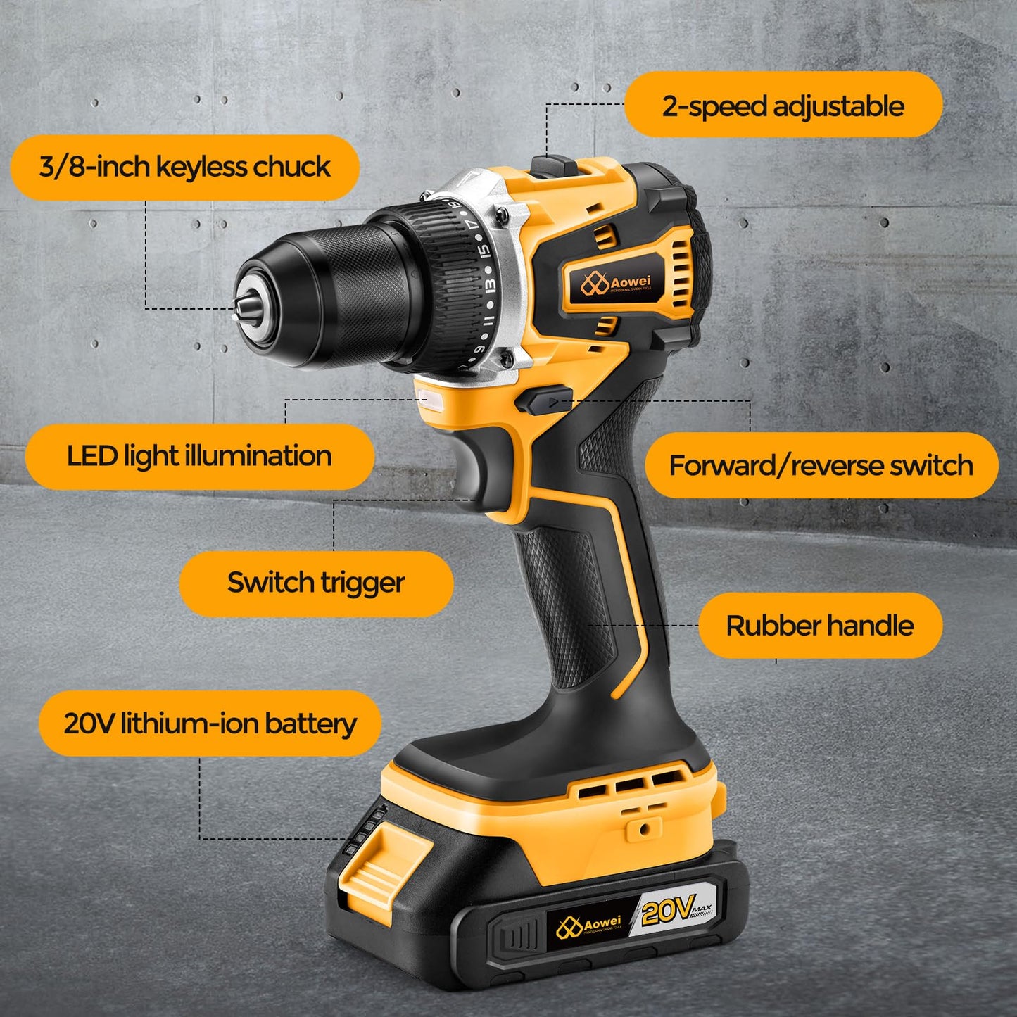 Aowei Cordless Drill Set/Driver, 20V Electric Power Drill With Battery And Charger, 40N Torque, 20+1 Settings, 2 Batteries,3/8-Inch Keyless Chuck, Driver Bits Kit, LED Light