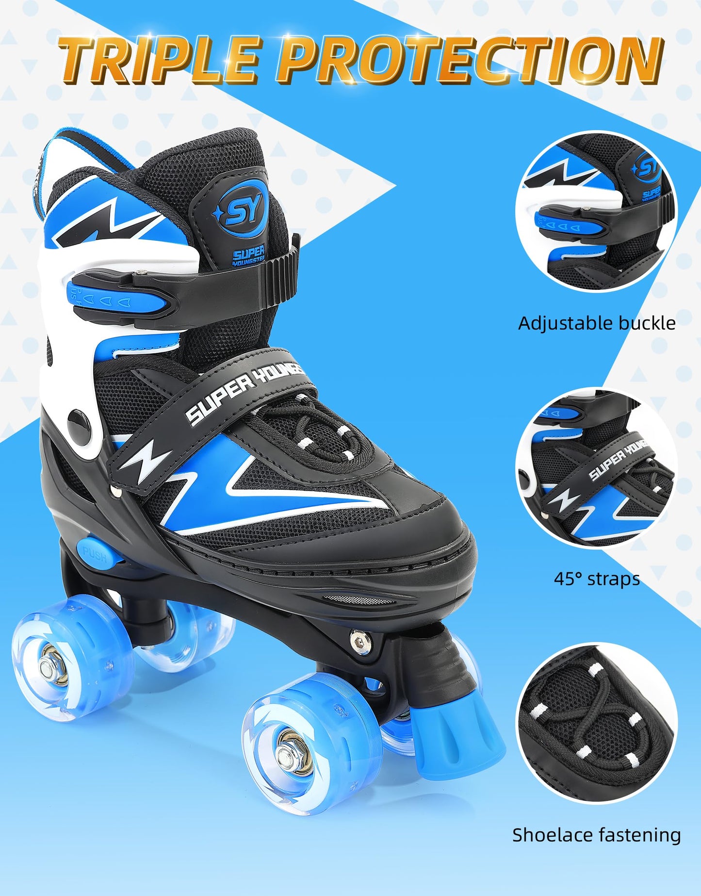 SUPER YOUNGSTER Adjustable Roller Skates Boys Kids Ages 5-8 8-12 Roller Skates Girls with Light up Wheels, Fun Rollerskate for Youth Toddlers