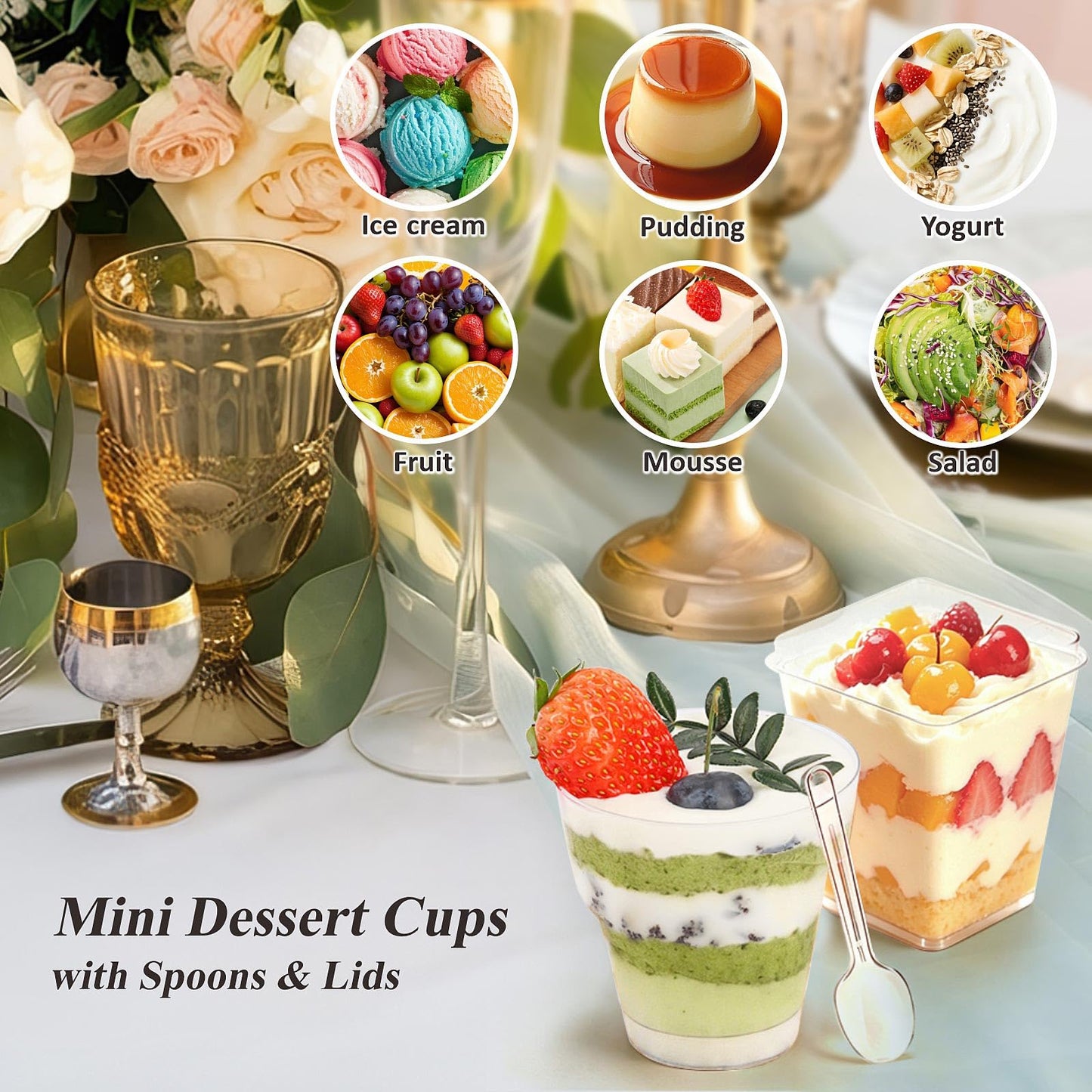 wtarabur 450-Pack Dessert Cups with Spoons & Lids, Mini Plastic Dessert Cups for Party Yogurt Parfait Jello Appetizer Cocktail Small Clear Reusable Fruit Ice Cream Cake Pudding Cups