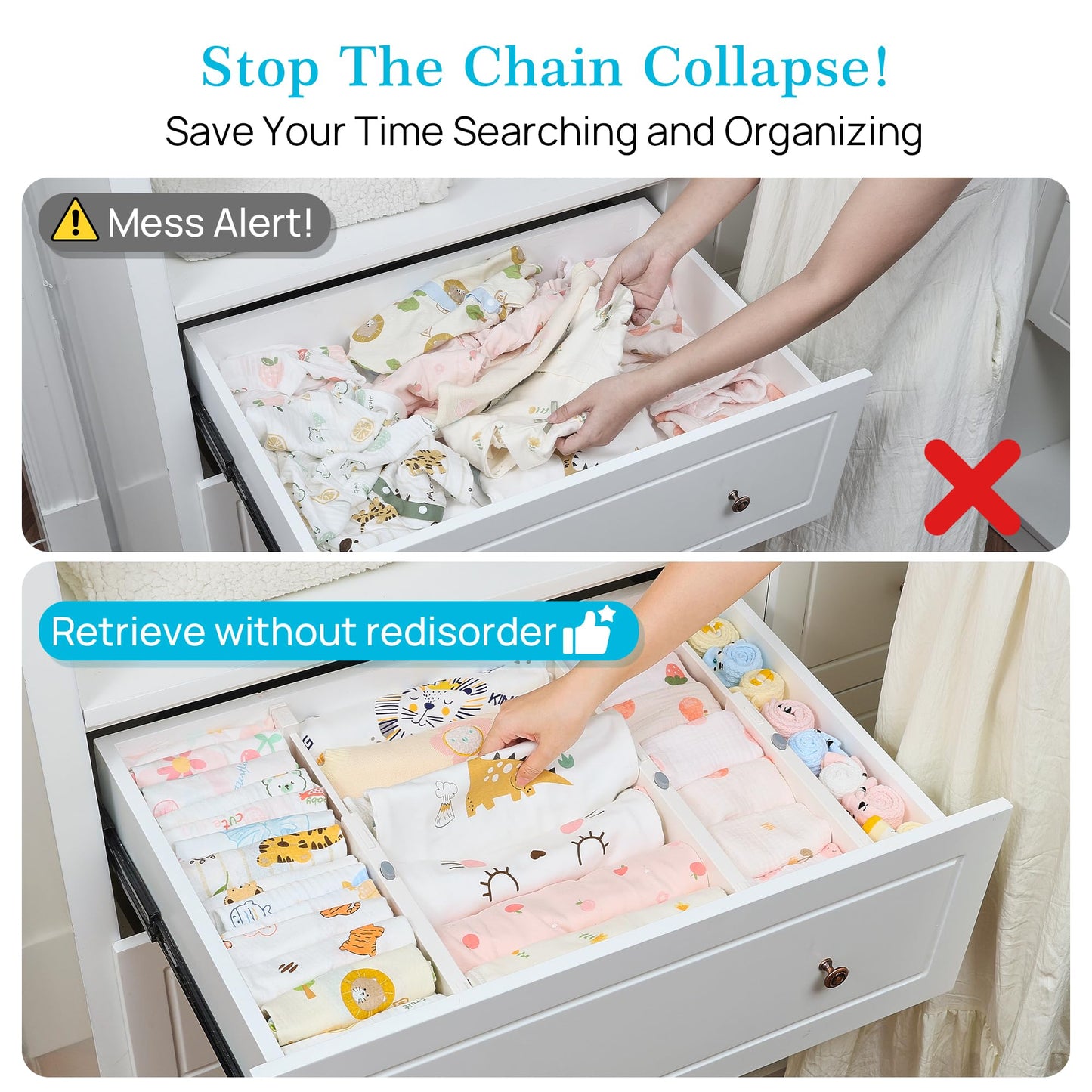 Vtopmart 12 Pack Drawer Dividers for Clothes, 4" High 11.3"-17" Adjustable Expandable Dresser Drawer Organizer, Plastic Drawers Separator for Dresser, Baby Clothes, Underwear, Kitchen & Office Storage
