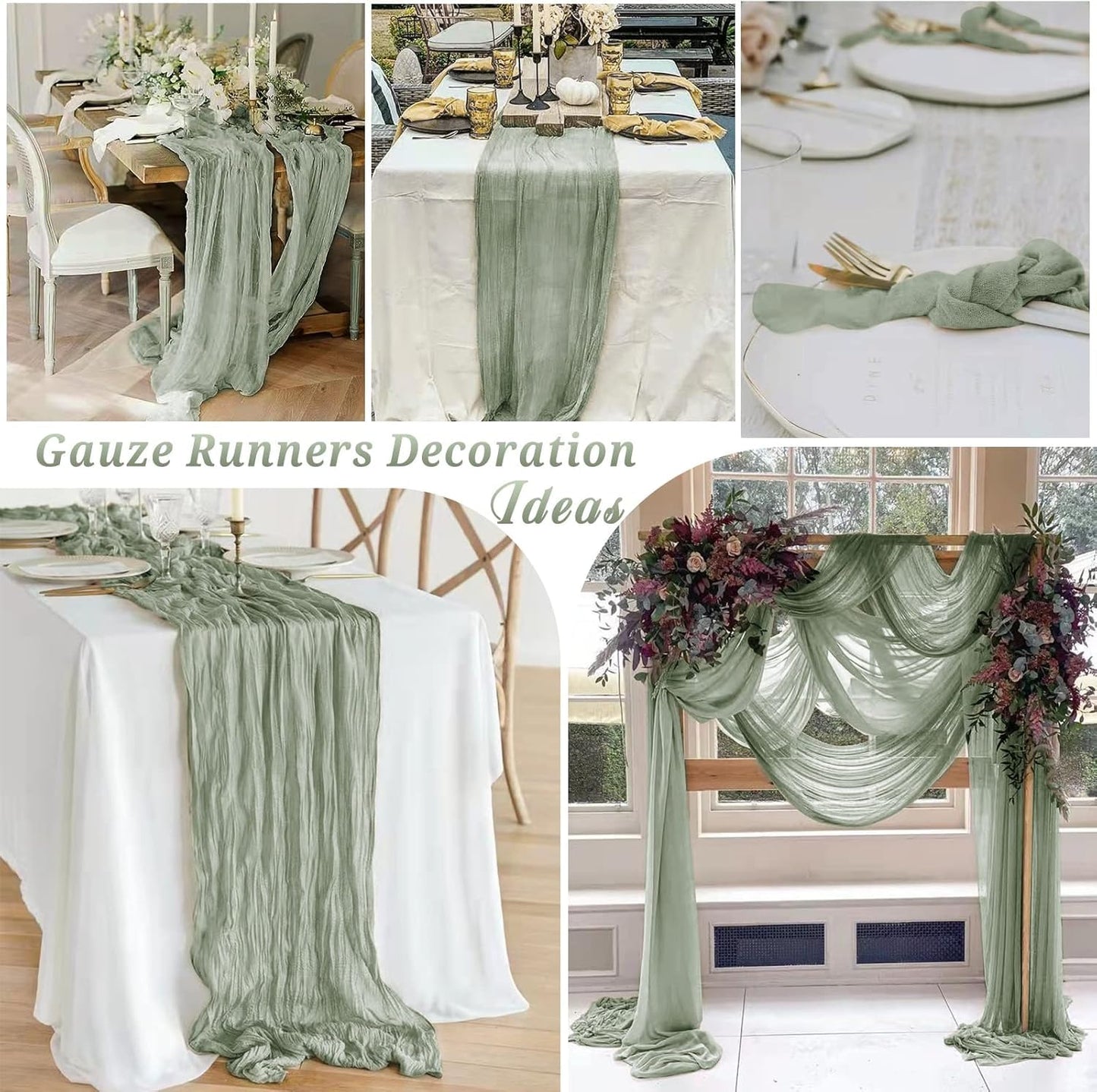 16 Pack Sage Green Cheesecloth Table Runner 10FT Boho Gauze Cheese Cloth Table Runner Long Rustic Sheer Table Runners for Wedding Bridal Baby Shower Birthday Party Table Decorations