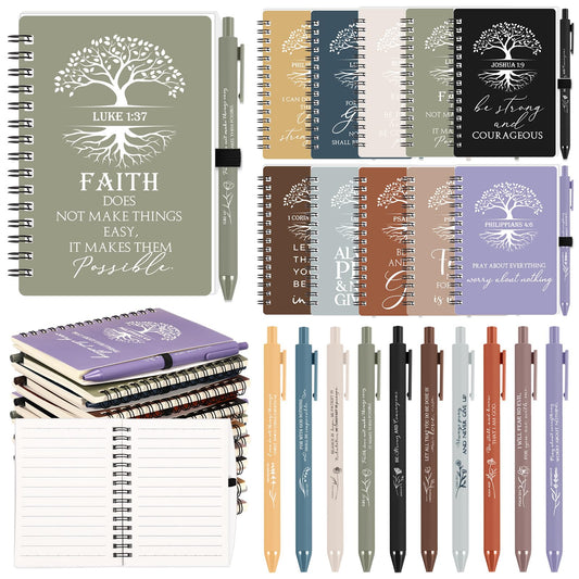 Kosiz 100 Pcs Christian Gift Bulk Prayer Journal Bible Verse Spiral Notebook with Christian Ballpoint Tree of Life Religious Church VBS Gift for Women Men Sunday School Retreat (Neutral Color)