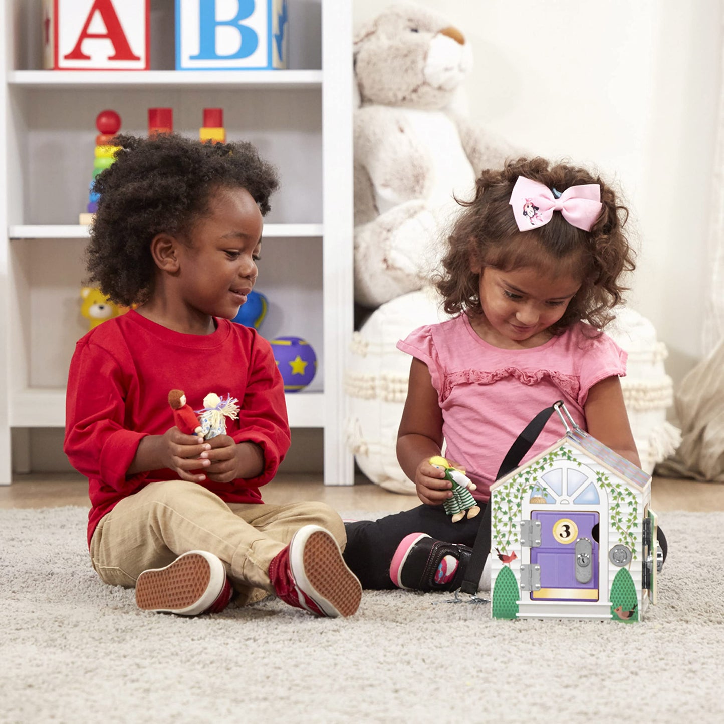 Melissa & Doug Take-Along Wooden Doorbell Dollhouse - Doorbell Sounds, Keys, 4 Poseable Wooden DollsPortable Doll House, for Kids Ages 3+