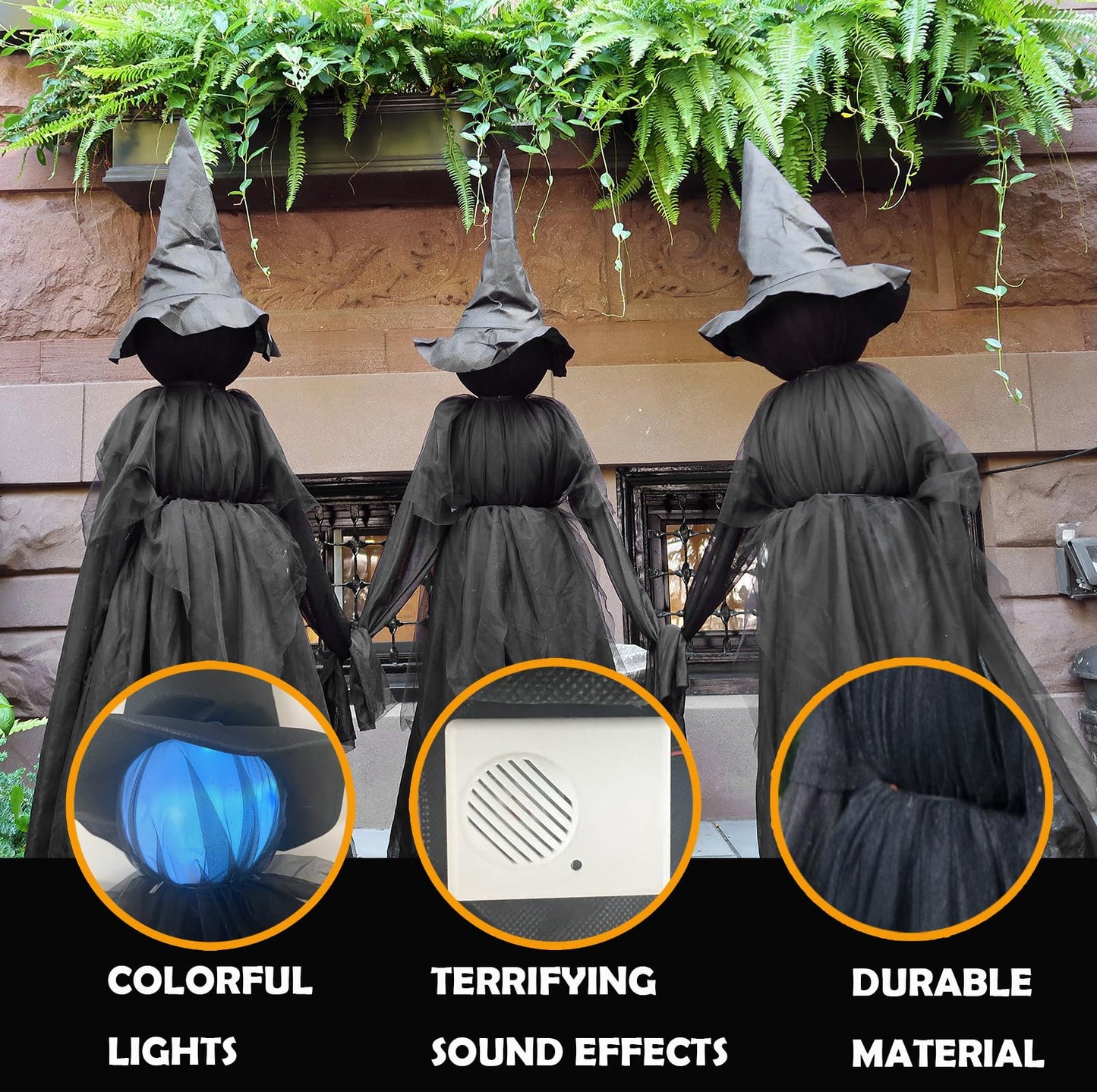 Halloween Decorations, Set of 3 Light Up Witches Holding Hands Witches with Stakes，Voice Control Witch Glowing Head Waterproof for Outside Garden Statue Decoration Grass Lawn