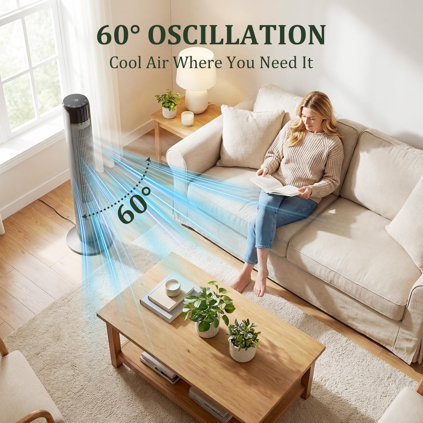 Tower Fan for Bedroom, Bladeless Cooling Fan with Remote, 60° Oscillating Standing Fan with 28dB Quiet for Sleep, 12H Timer, 5 Speeds 4 Modes, LED Display, 20ft/s Velocity Floor Fan for Indoor Use
