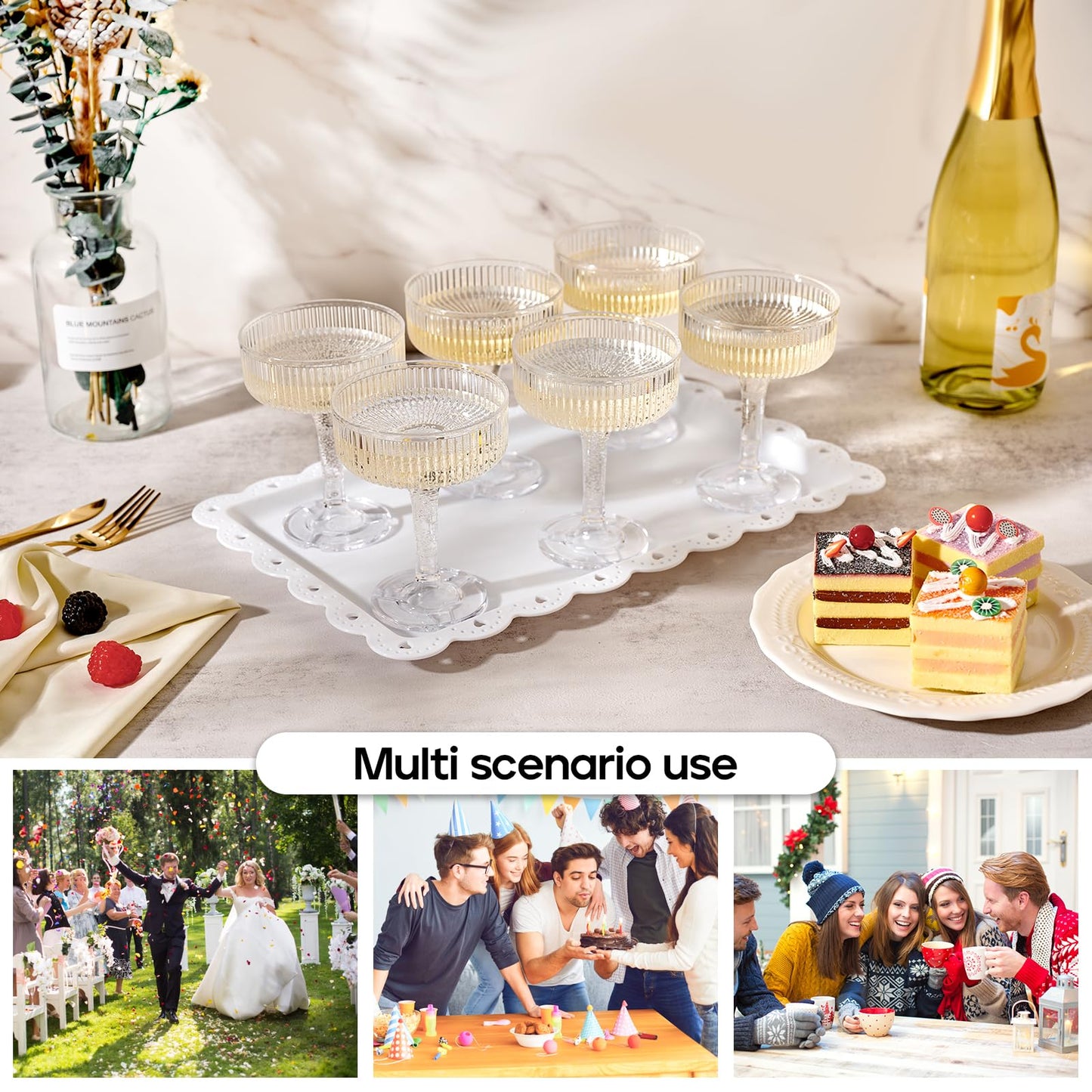 DORONAN 20 Pack Plastic Champagne Tower, 7oz Champagne Coupe Unbreakable Plastic Cocktail Glasses Acrylic Martini Glasses for Wedding Birthday Party Bar, Clear