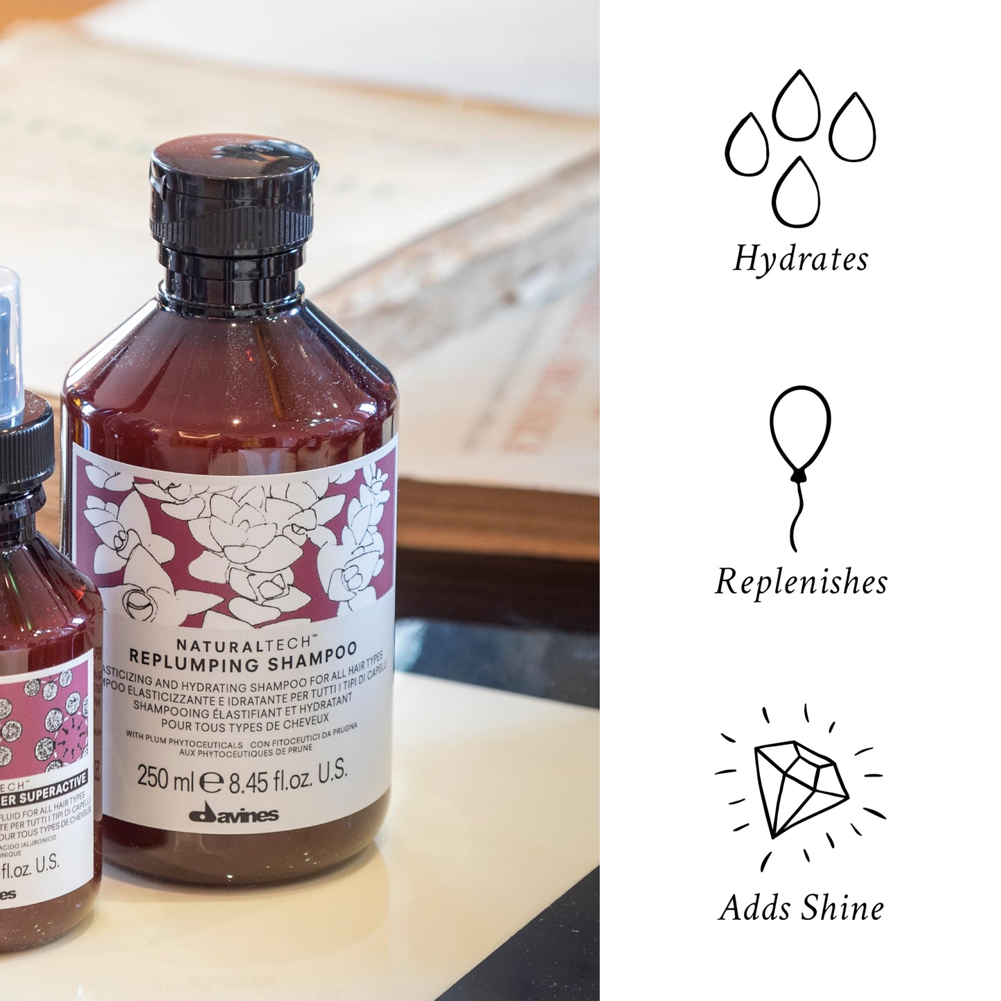 Davines Naturaltech REPLUMPING Shampoo, Gentle Cleasning To Add Hydration, Elasticity And Protection, Add Fullness, 8.45 fl. oz.