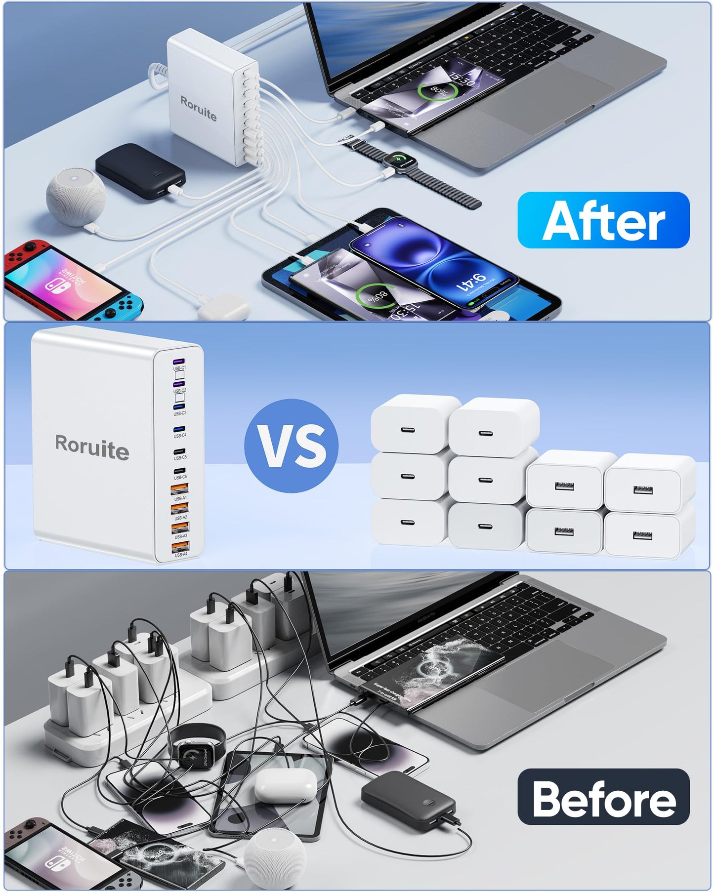 400W Charging Station for Multiple Devices, 10-Port GaN USB C Charger Block, Dual 65W Laptop Fast Charger Multiport USB Charging Station for MacBook, iPhone, Samsung, Galaxy, iPad, Android, White