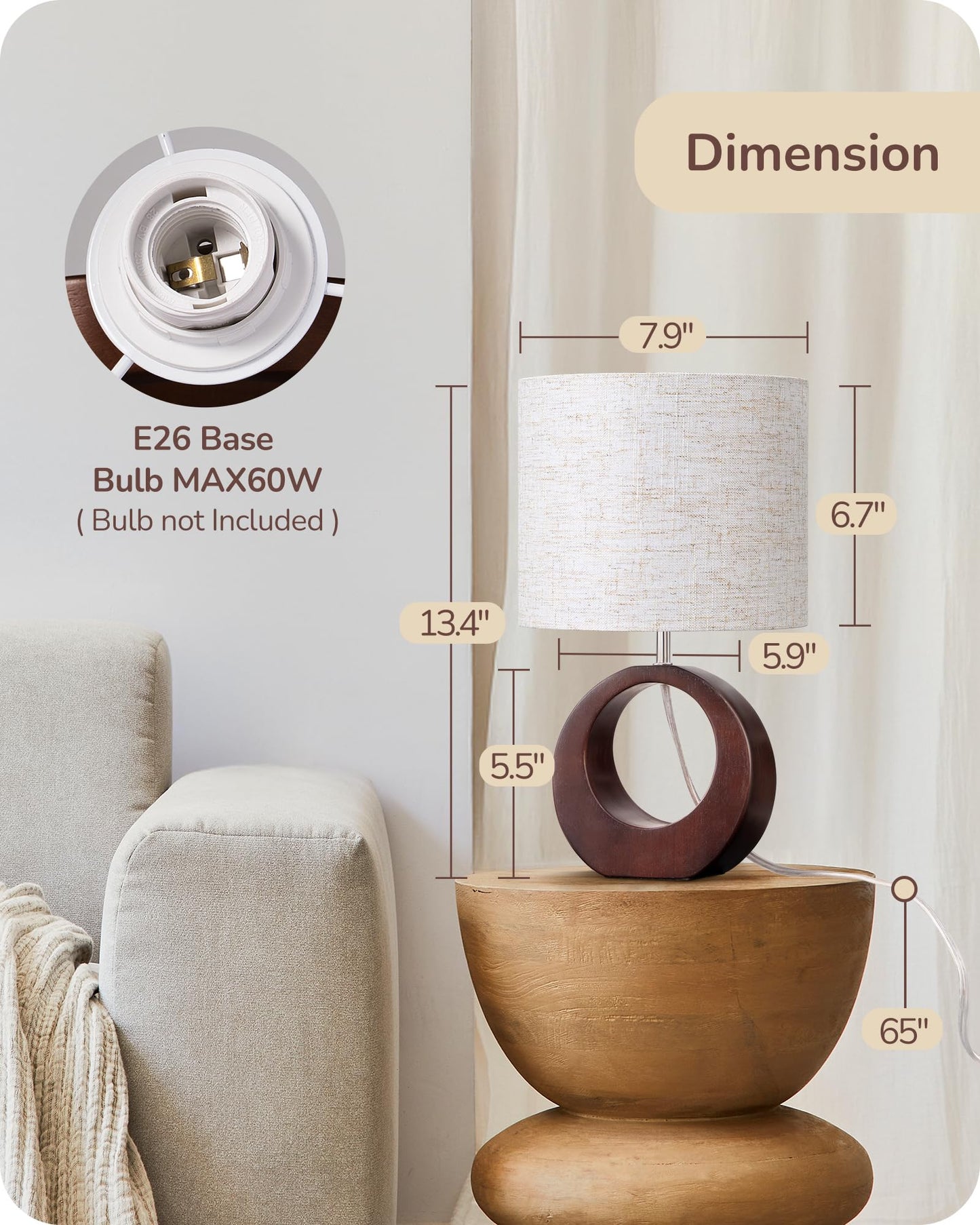 EDISHINE 13.4" Samll Wood Table Lamp, Modern Bedside Lamp with Beige Linen Lampshade & ON-Off Switch, E26 Base, Nightstand Lamp for Living Room, Bedroom, Dark Walnut