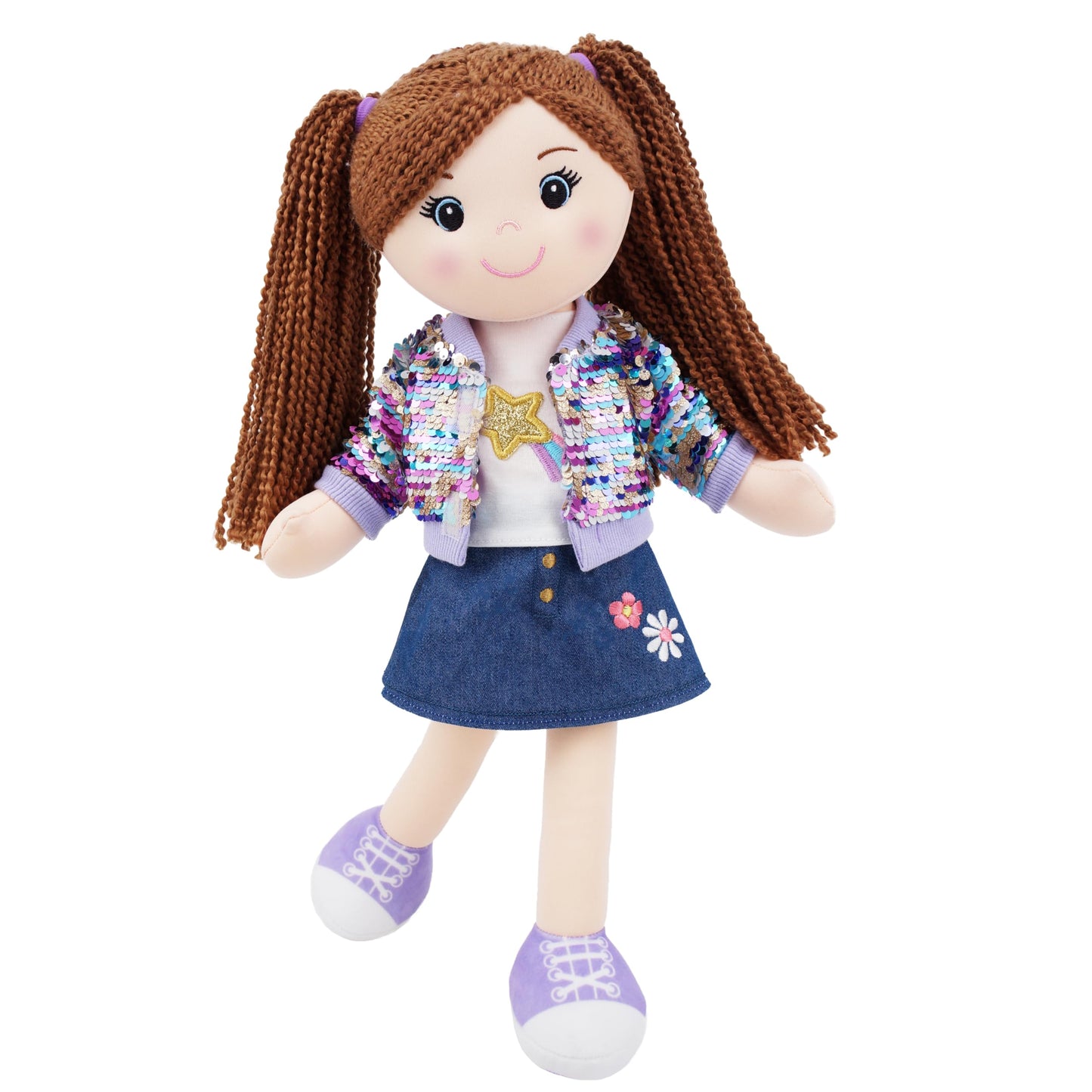 June Garden 18" Snuggle Cutie Sophie Glam - Soft Cuddly Plush Doll Gift for Girls - Huggable Rag Doll - Trendy Outfit L