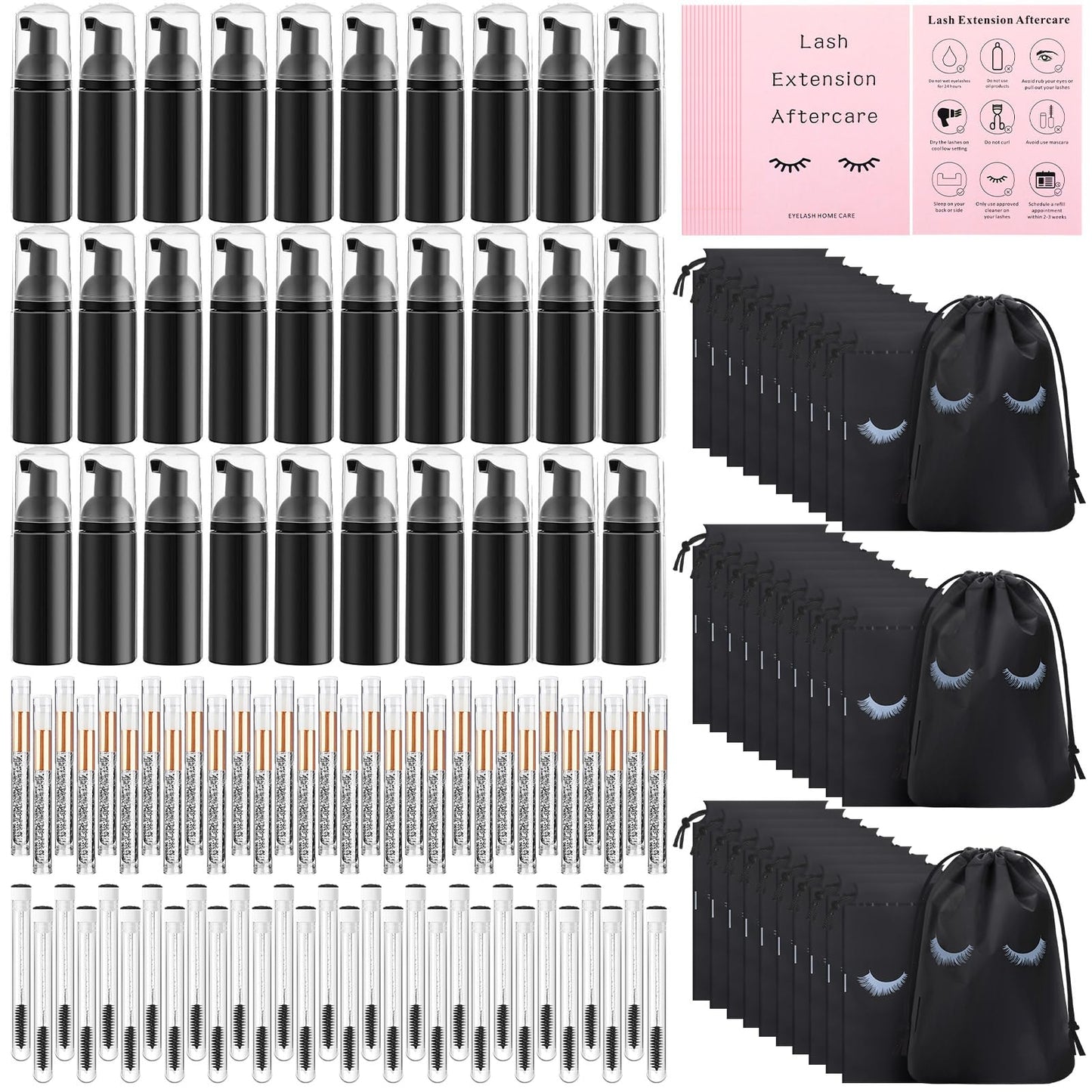 Zhehao 150 Pcs Lash Shampoo Bottle Brushes Set 30 Eyelash Shampoo Dispensers 30 Reusable Aftercare Bag 30 Empty Lash Brushes Pipes 30 Lash Shampoo Brushes 30 Extension Aftercare Cards(Black)